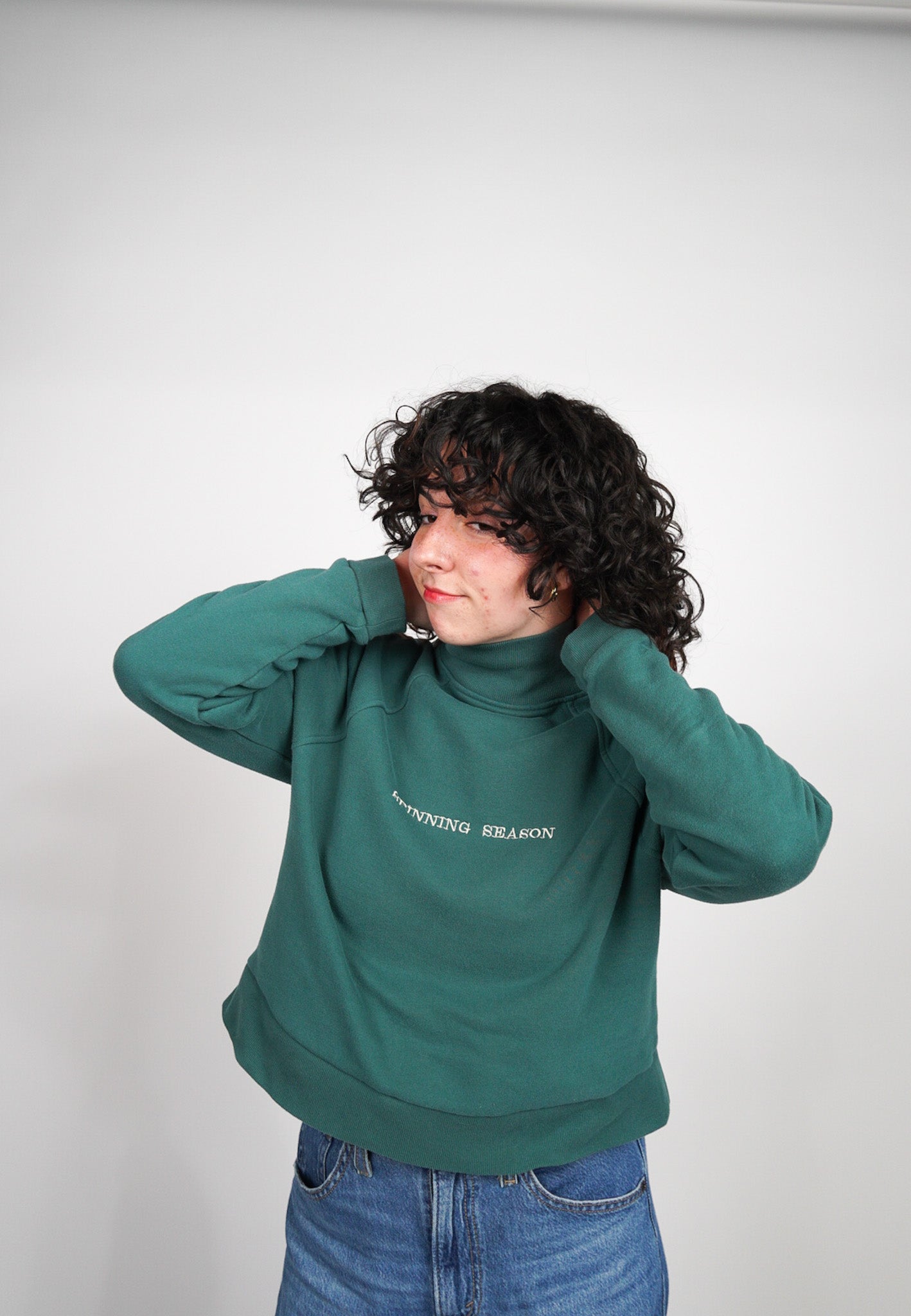 MEDIUM Green Mock Neck Crop with "Spinning Season" design