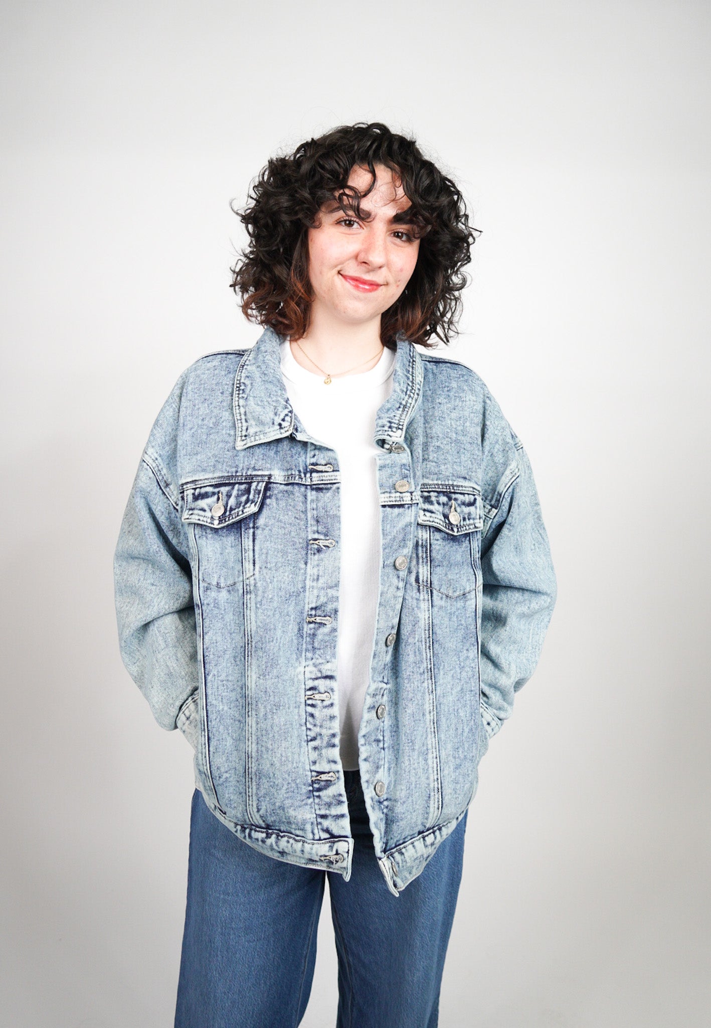 MEDIUM OVERSIZED Stone Washed Jean Jacket with "Nice Catch" design