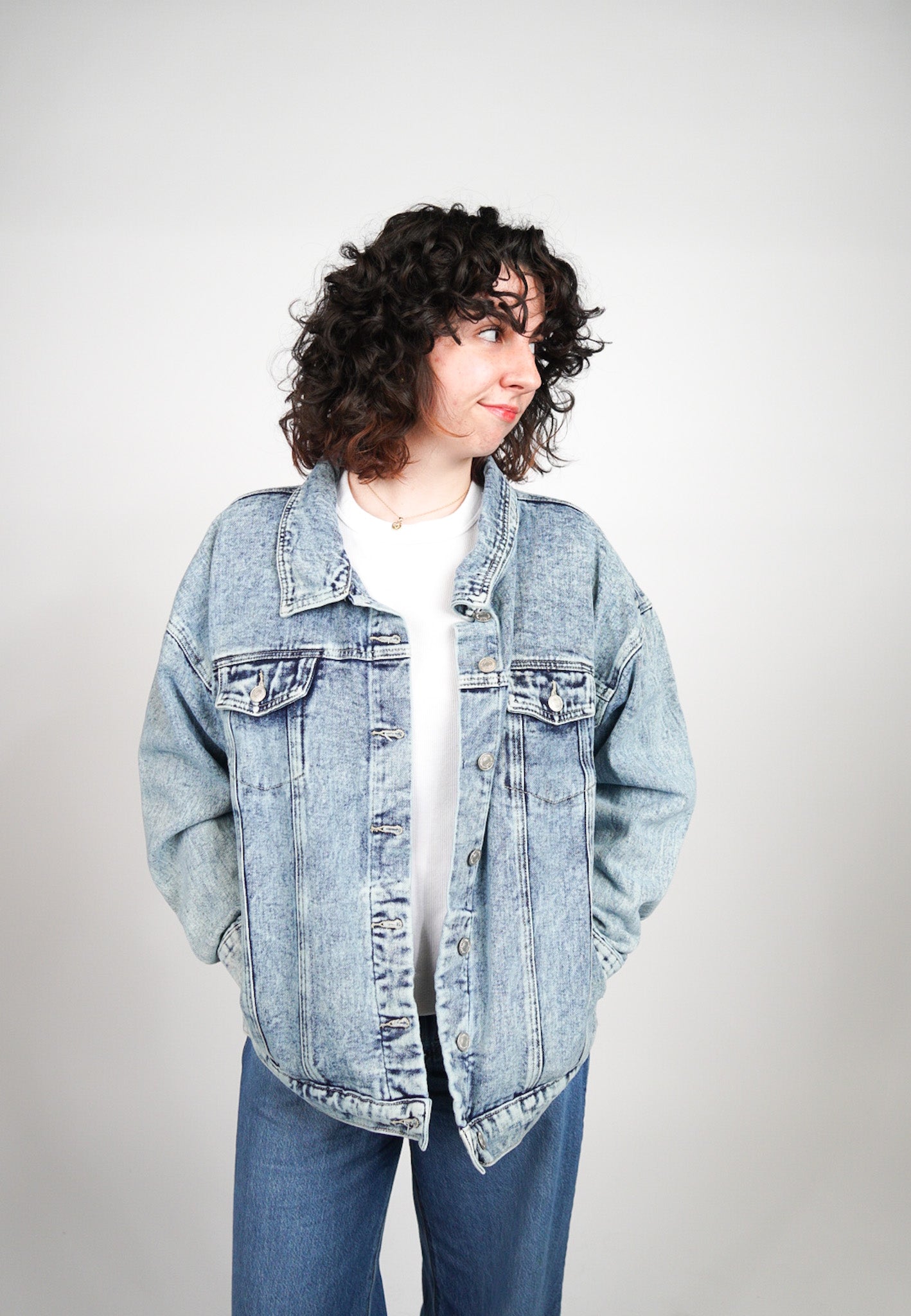 MEDIUM OVERSIZED Stone Washed Jean Jacket with "Nice Catch" design