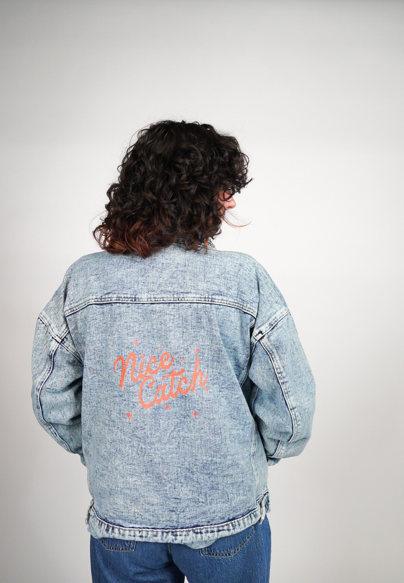 MEDIUM OVERSIZED Stone Washed Jean Jacket with "Nice Catch" design