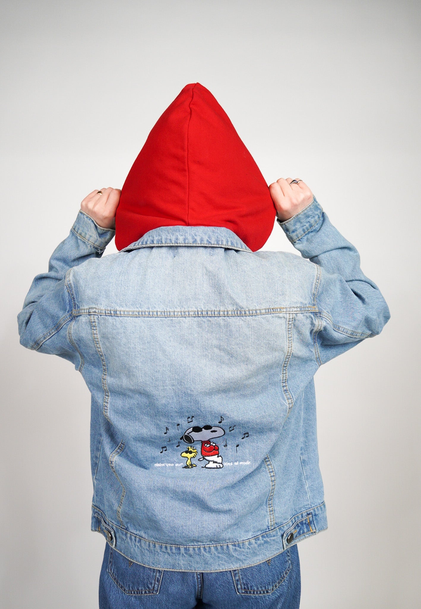 MEDIUM  -FOREVER 21- Jean Jacket with Snoopy and "Make Your Own Kind Of Music" Design
