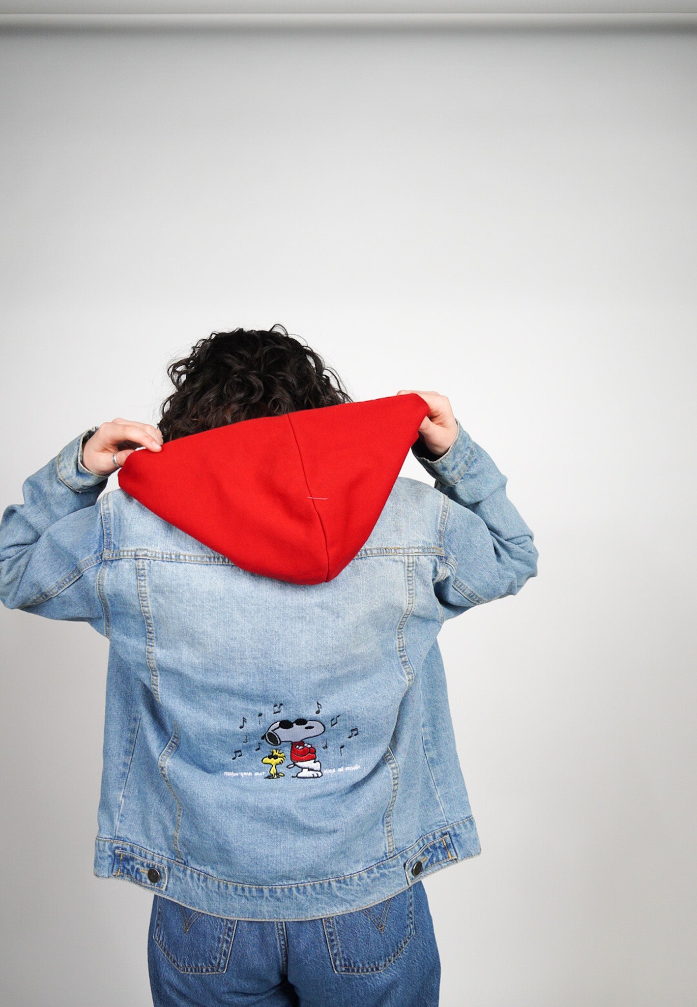 MEDIUM  -FOREVER 21- Jean Jacket with Snoopy and "Make Your Own Kind Of Music" Design