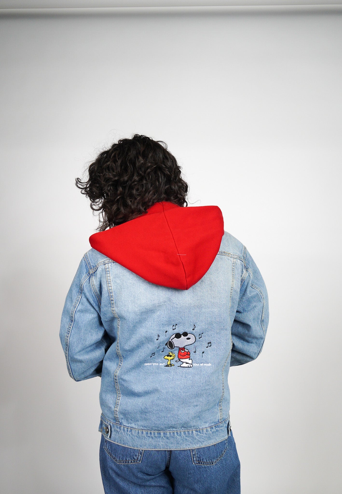 MEDIUM  -FOREVER 21- Jean Jacket with Snoopy and "Make Your Own Kind Of Music" Design
