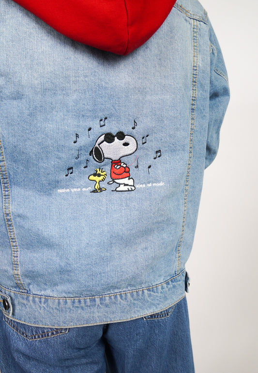 MEDIUM  -FOREVER 21- Jean Jacket with Snoopy and "Make Your Own Kind Of Music" Design