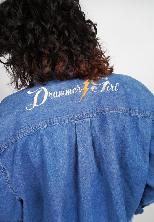 2XL Cropped DICKIES (but perfectly oversized) Denim Button up with "Drummer Girl" design