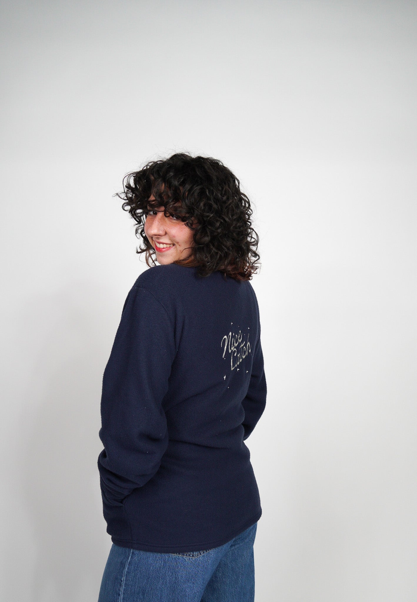 SMALL (mens) Fleece Navy Blue Shacket with "Nice Catch" design