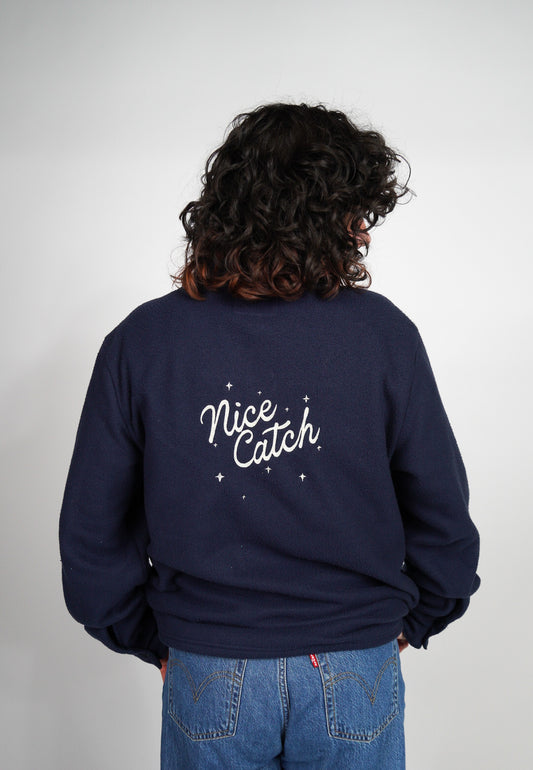SMALL (mens) Fleece Navy Blue Shacket with "Nice Catch" design
