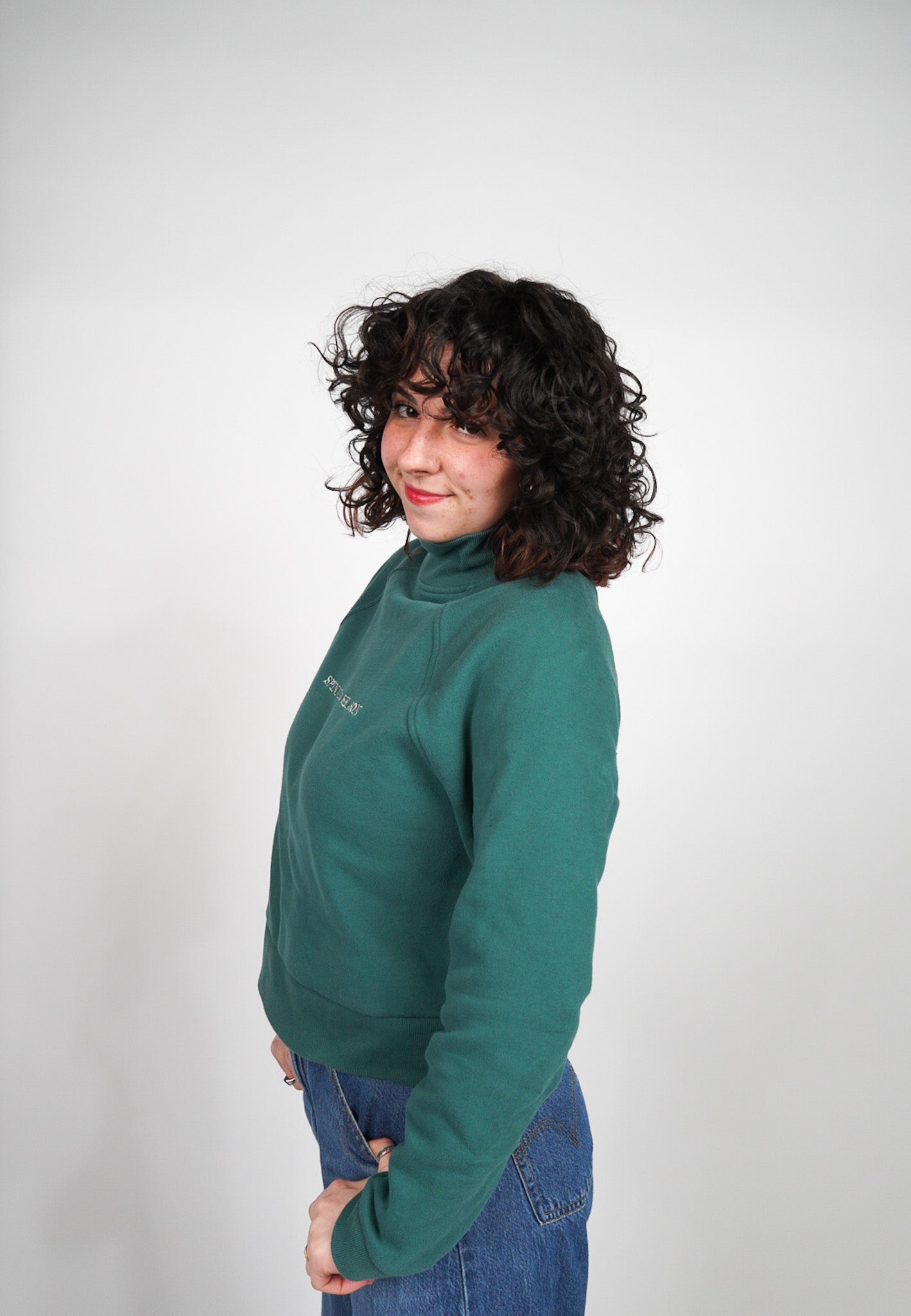 MEDIUM Green Mock Neck Crop with "Spinning Season" design