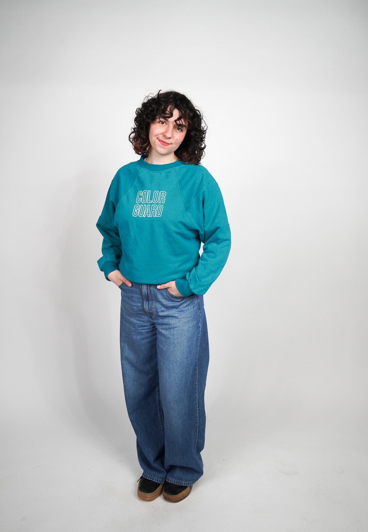 MEDIUM Teal Blue Cropped Crewneck with block "COLOR GUARD" design