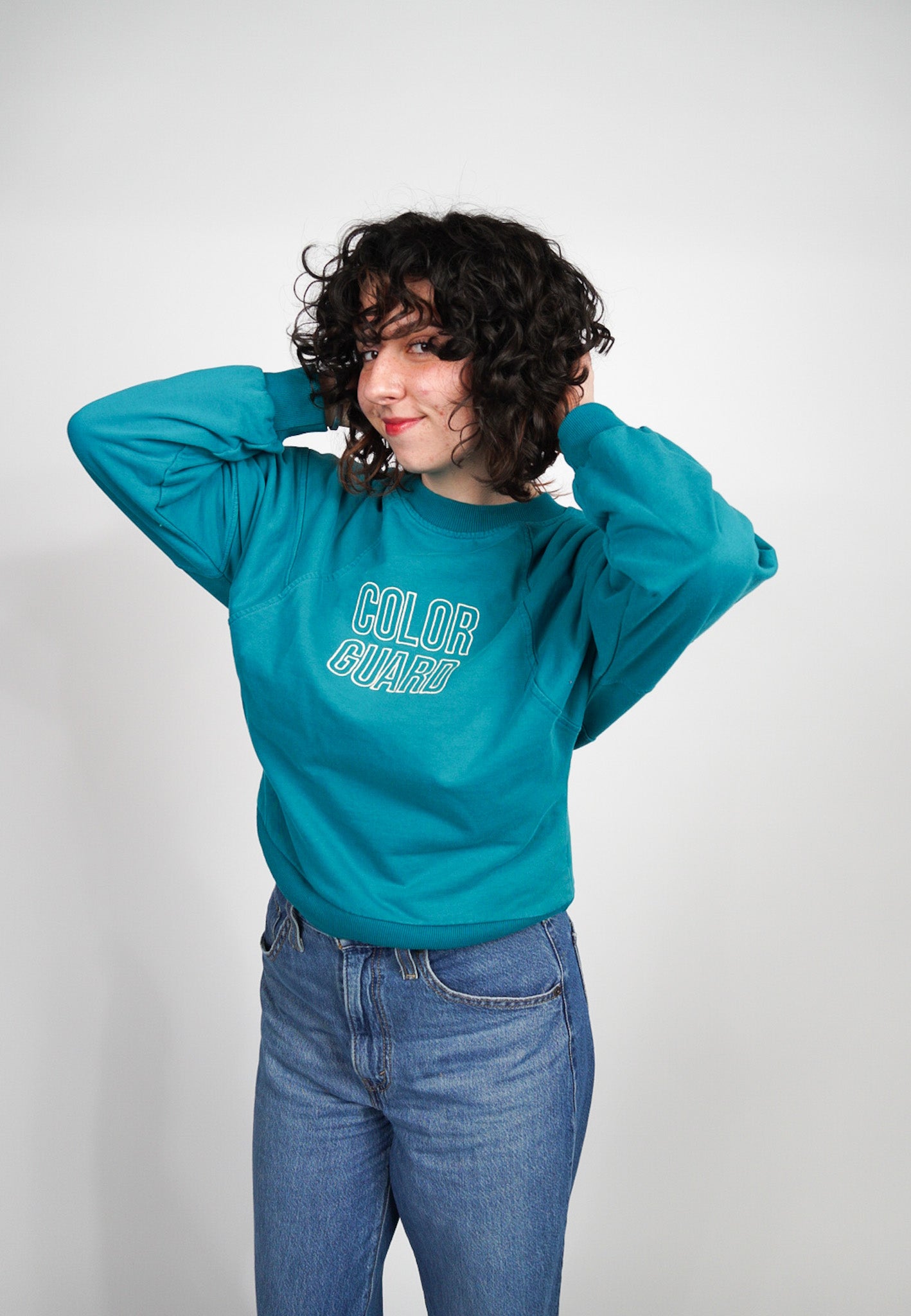 MEDIUM Teal Blue Cropped Crewneck with block "COLOR GUARD" design