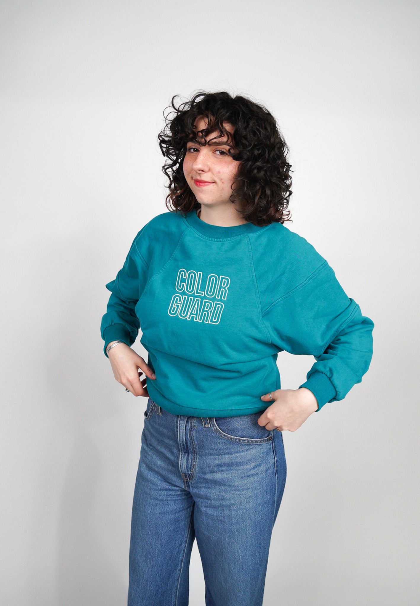 MEDIUM Teal Blue Cropped Crewneck with block "COLOR GUARD" design