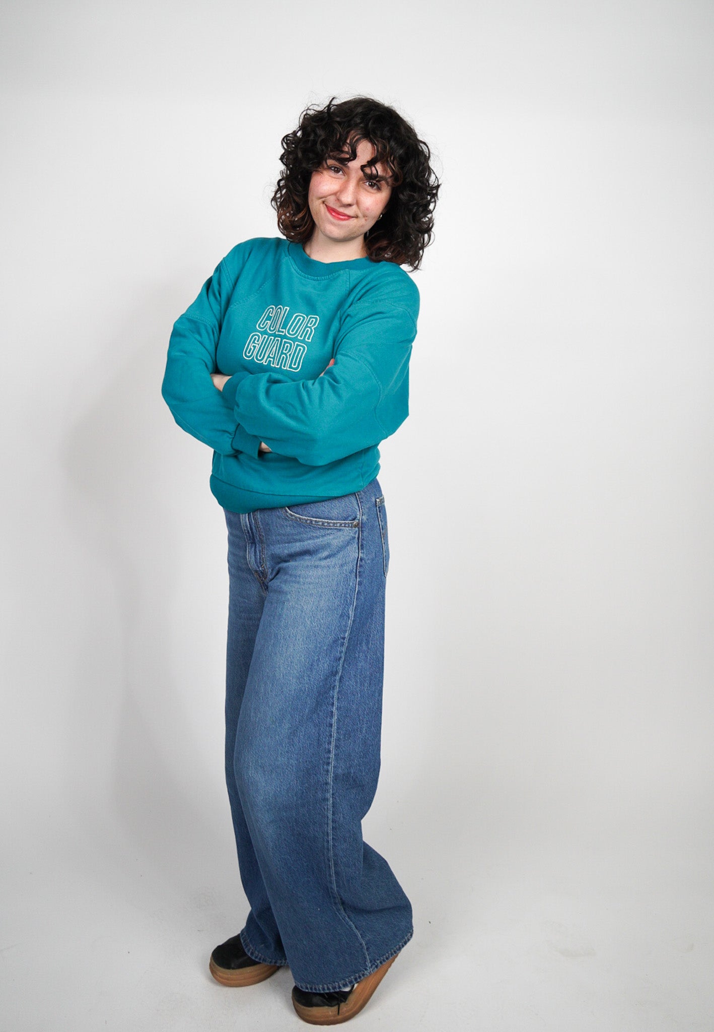 MEDIUM Teal Blue Cropped Crewneck with block "COLOR GUARD" design