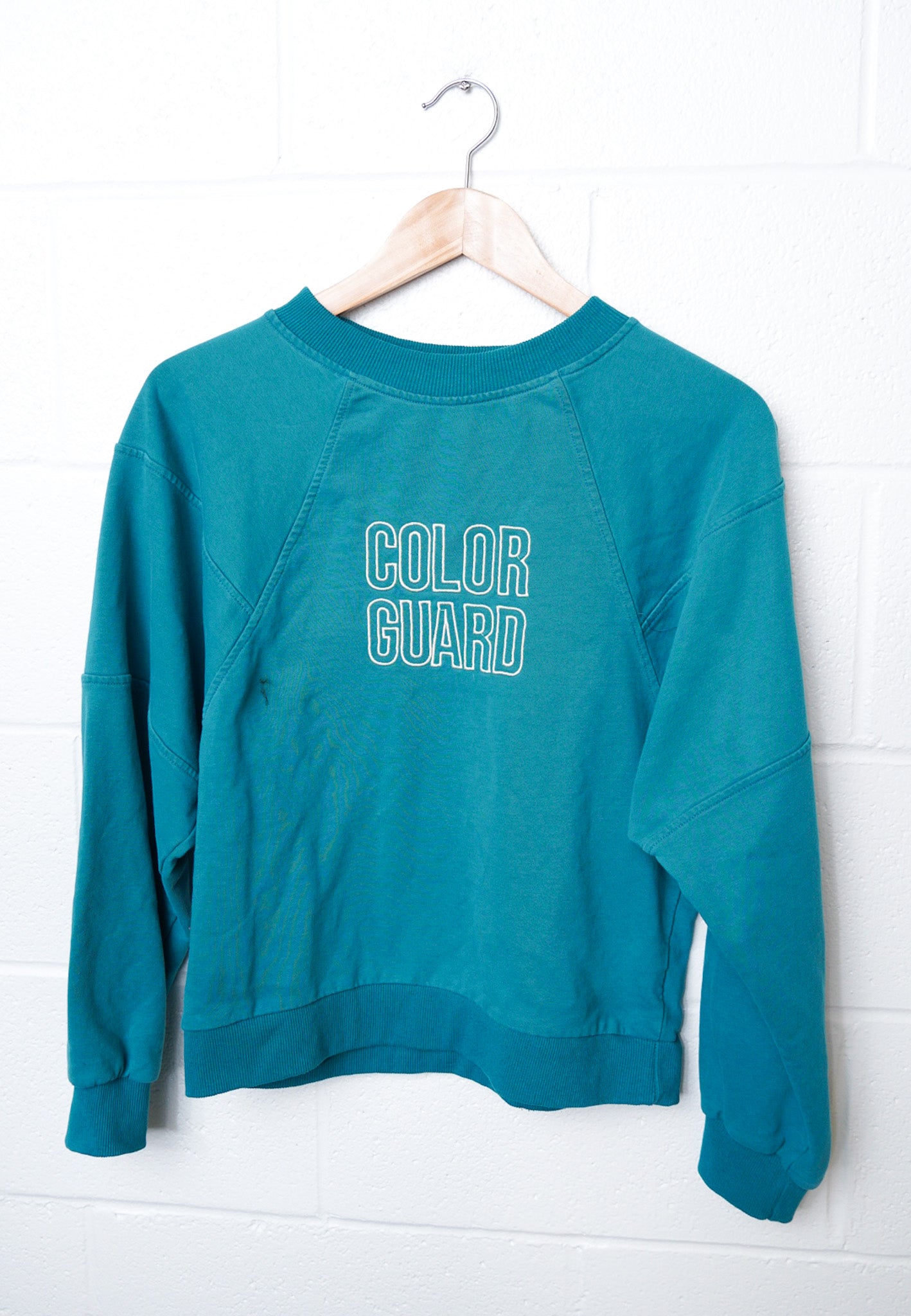 MEDIUM Teal Blue Cropped Crewneck with block "COLOR GUARD" design