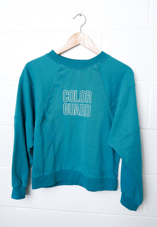 MEDIUM Teal Blue Cropped Crewneck with block "COLOR GUARD" design