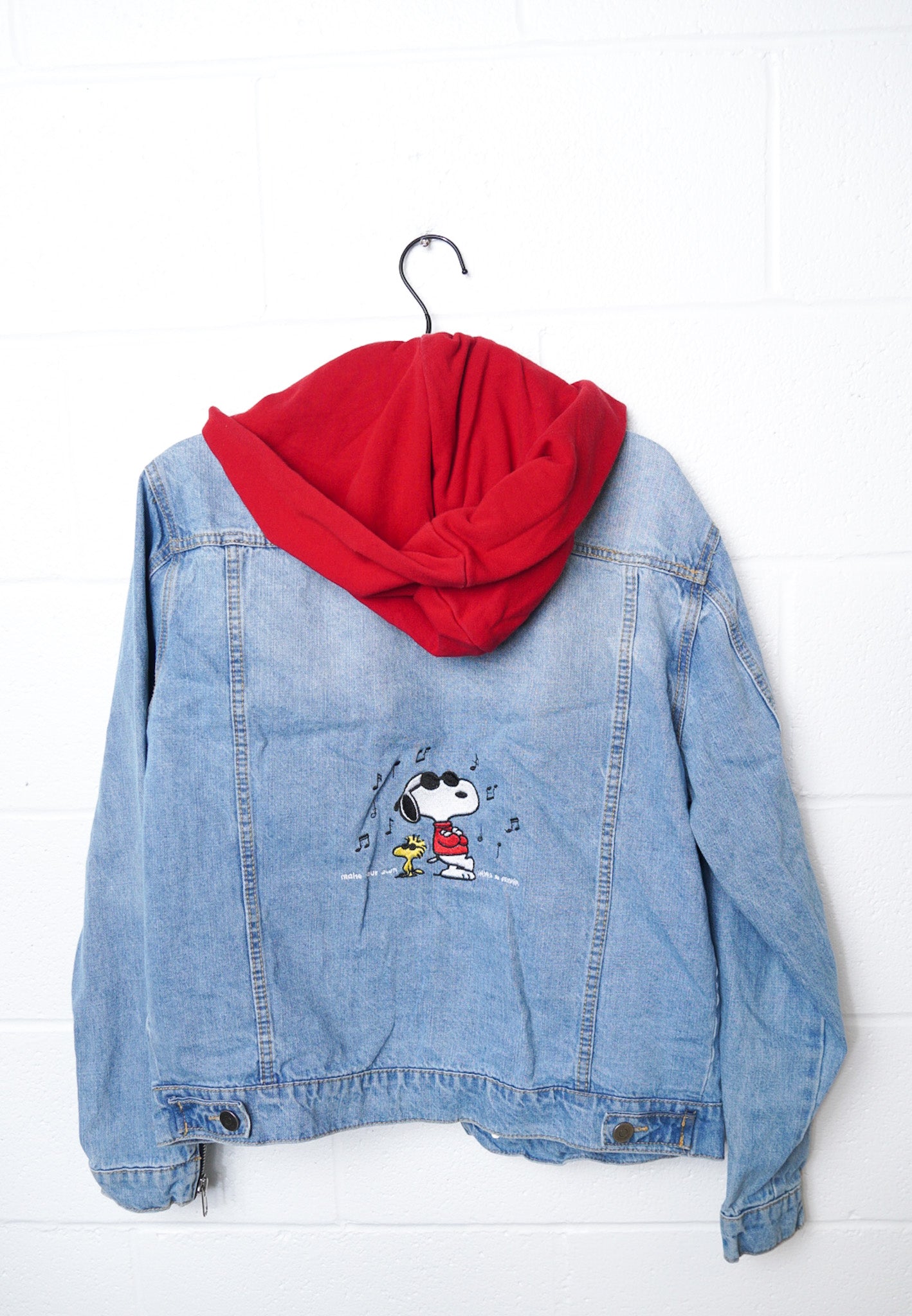 MEDIUM  -FOREVER 21- Jean Jacket with Snoopy and "Make Your Own Kind Of Music" Design