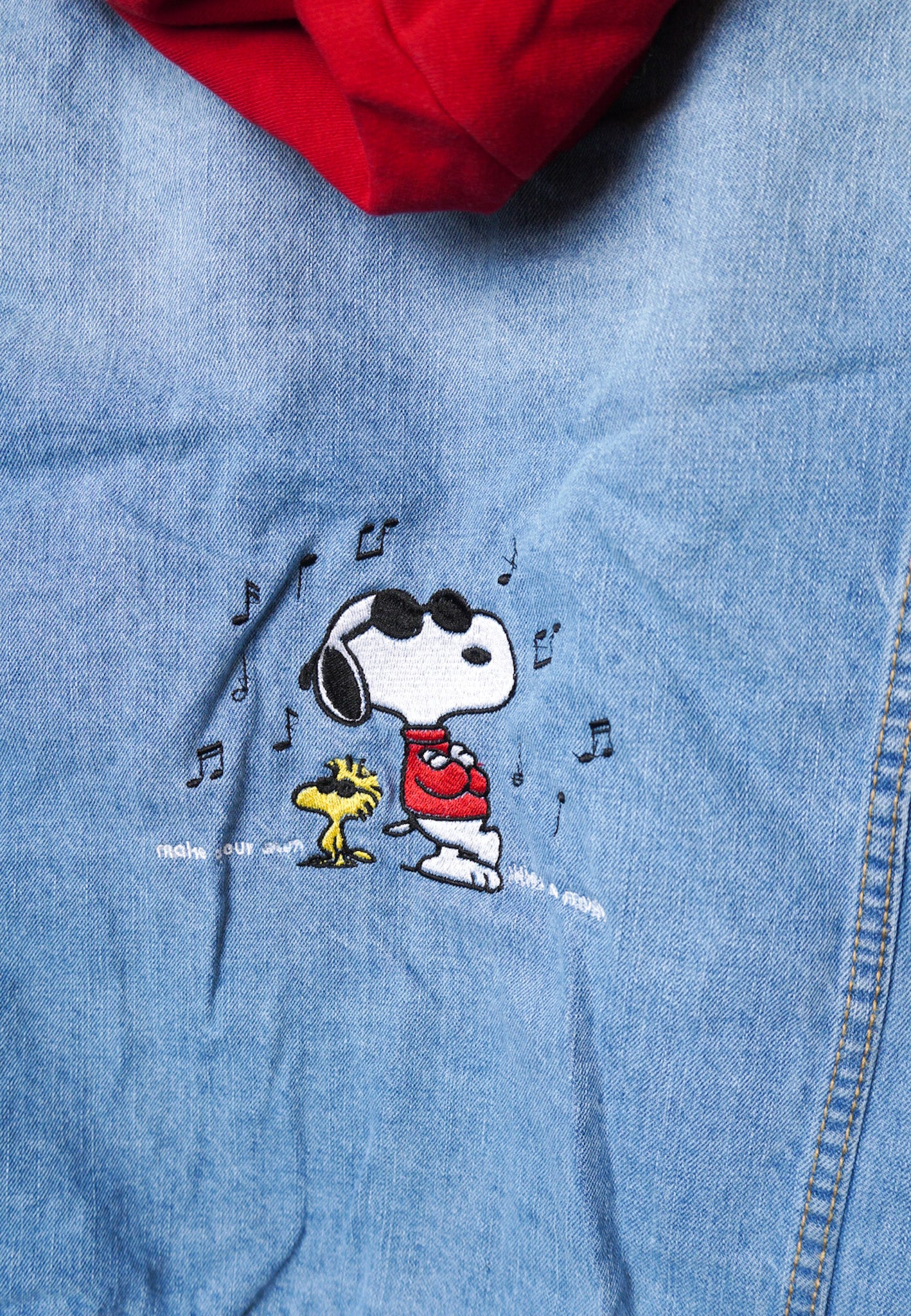 MEDIUM  -FOREVER 21- Jean Jacket with Snoopy and "Make Your Own Kind Of Music" Design