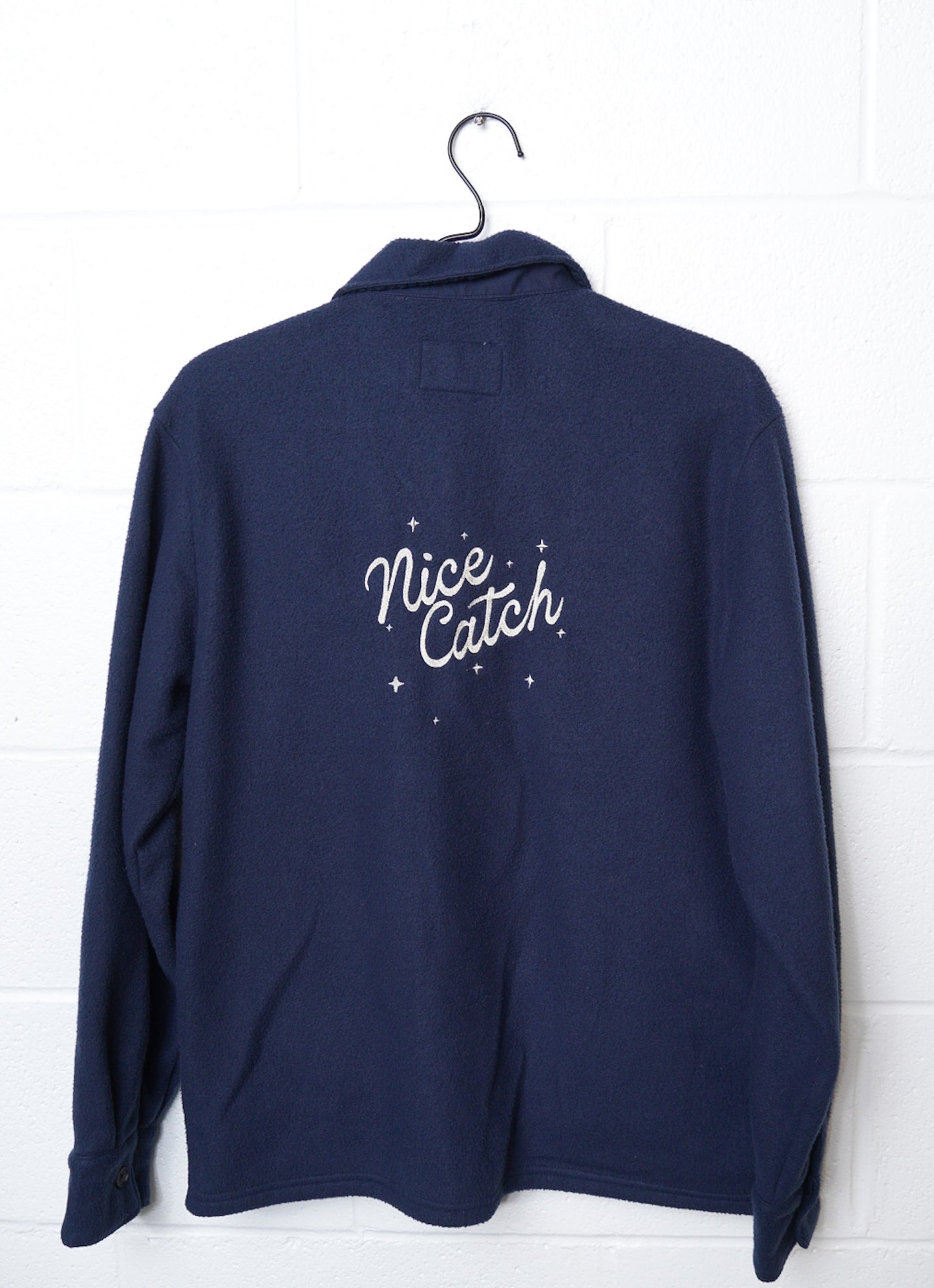 SMALL (mens) Fleece Navy Blue Shacket with "Nice Catch" design