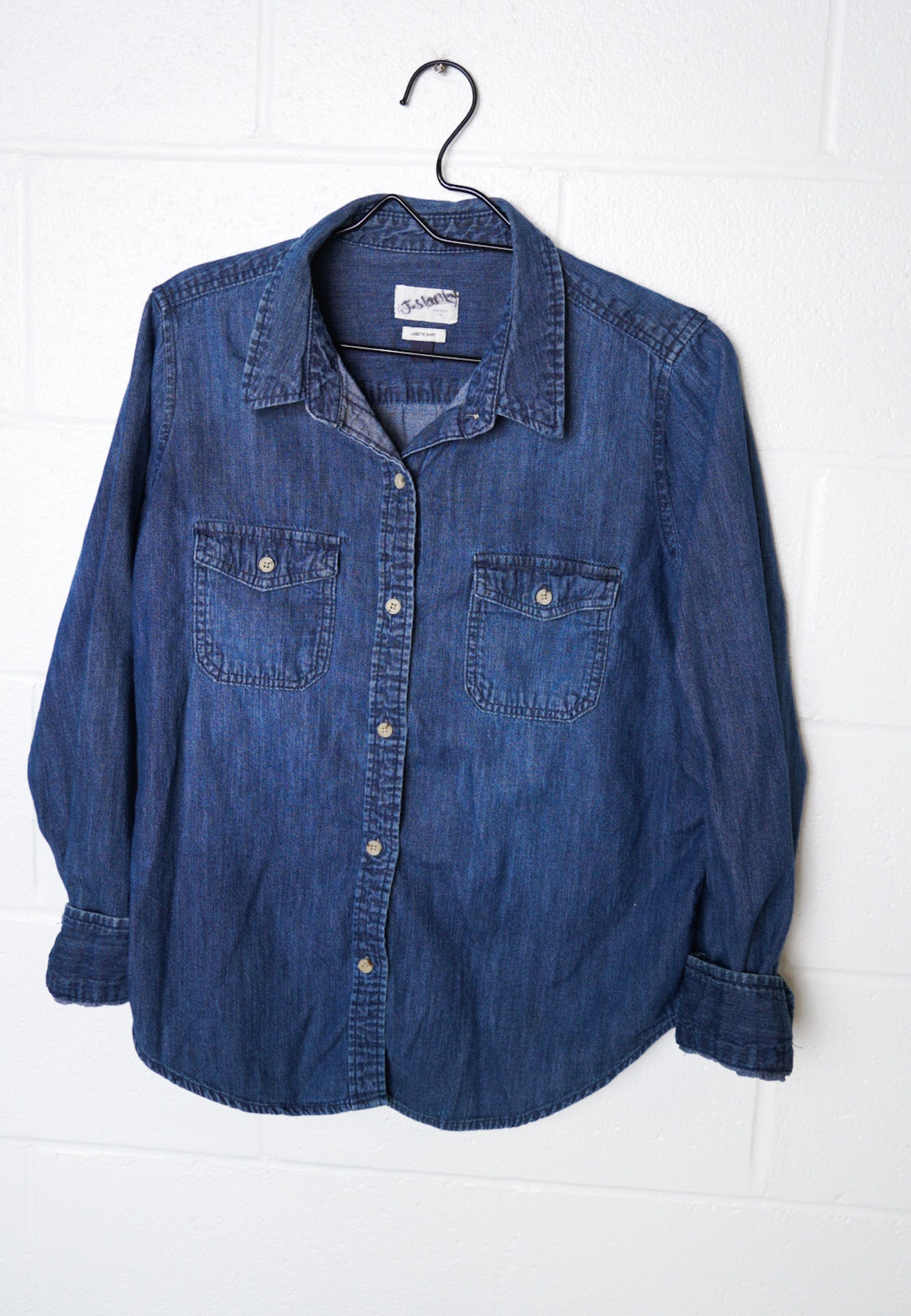 LARGE- UNIVERSAL THREADS Denim Button up with "Drummer Girl" design