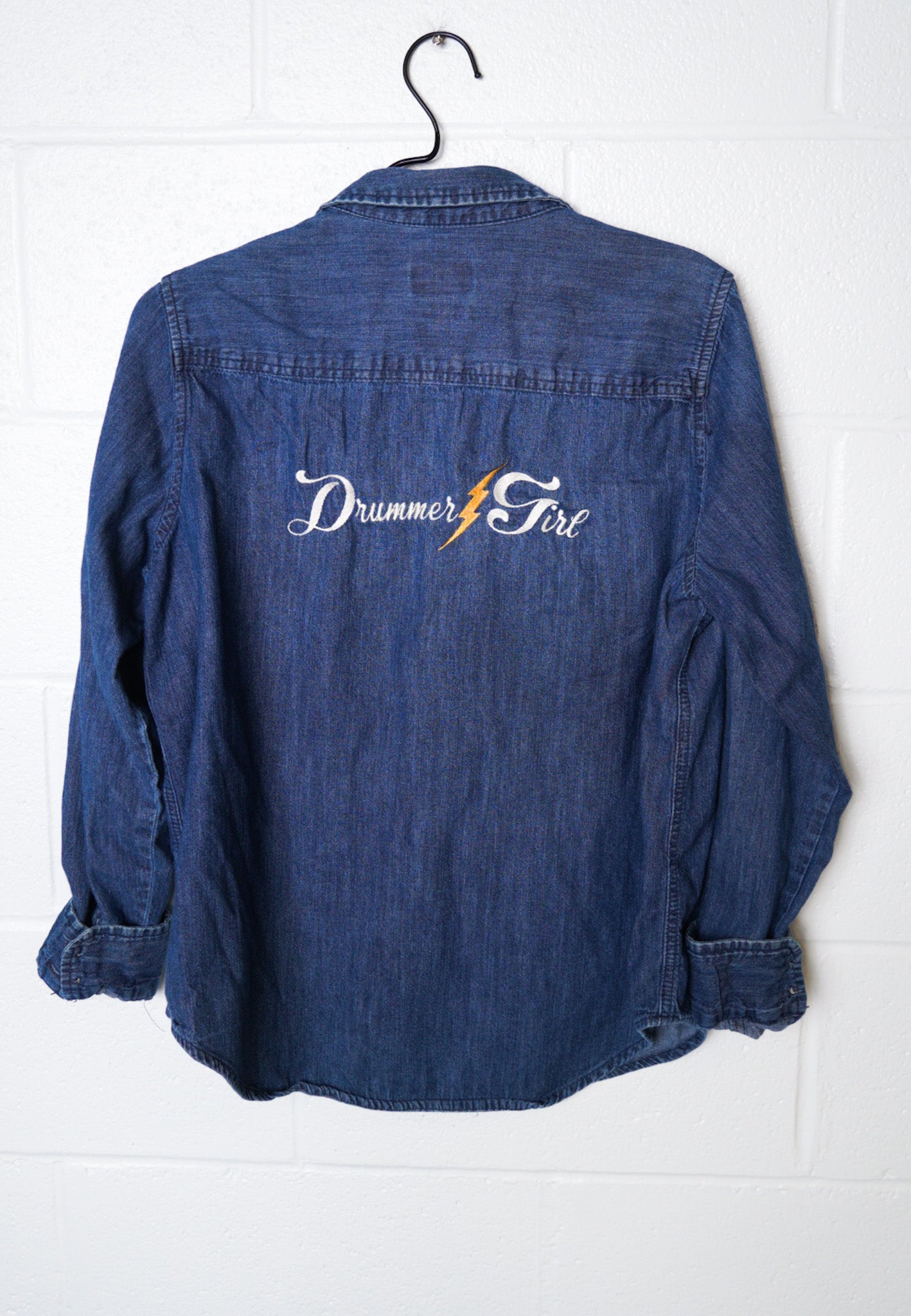 LARGE- UNIVERSAL THREADS Denim Button up with "Drummer Girl" design