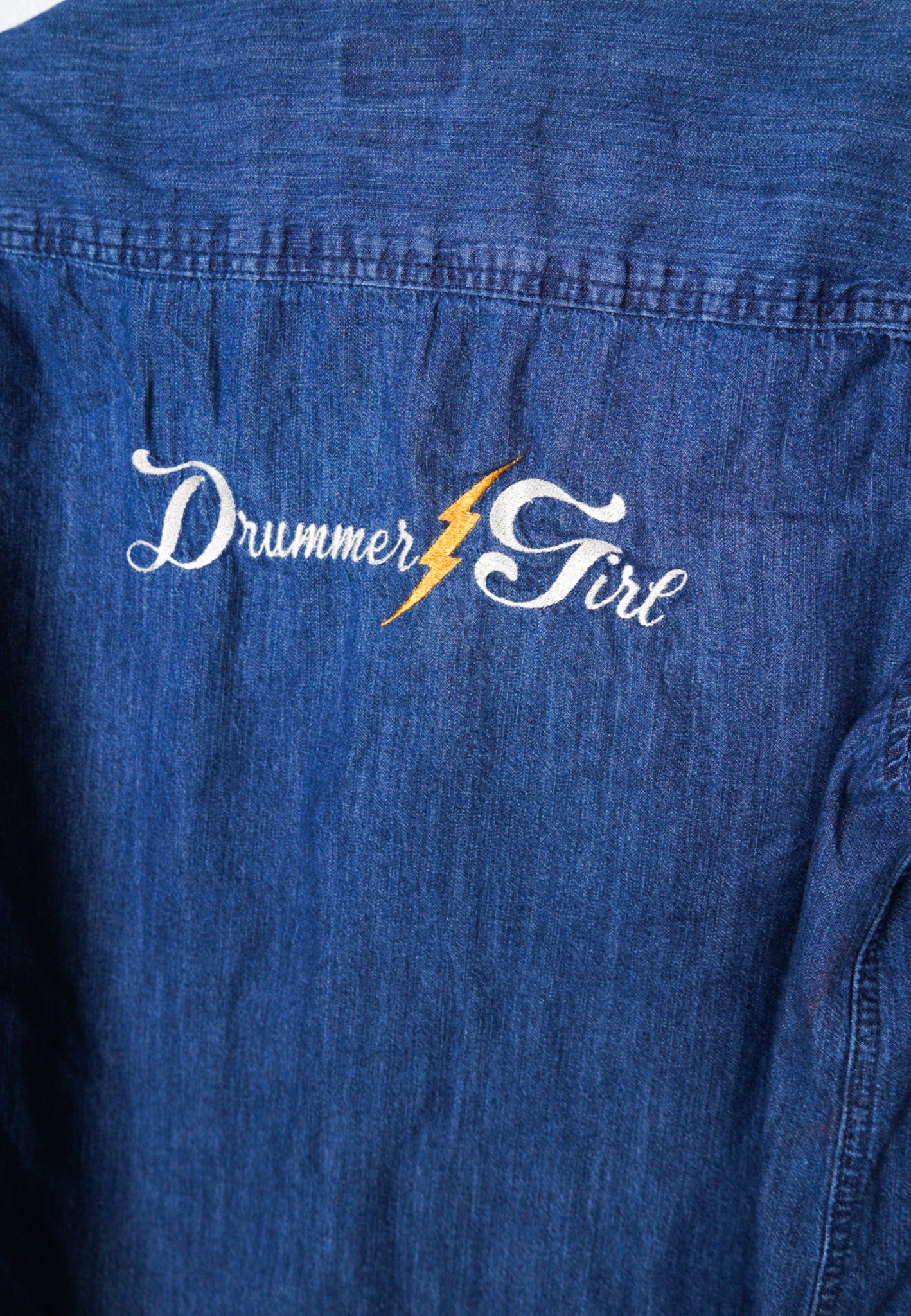 LARGE- UNIVERSAL THREADS Denim Button up with "Drummer Girl" design