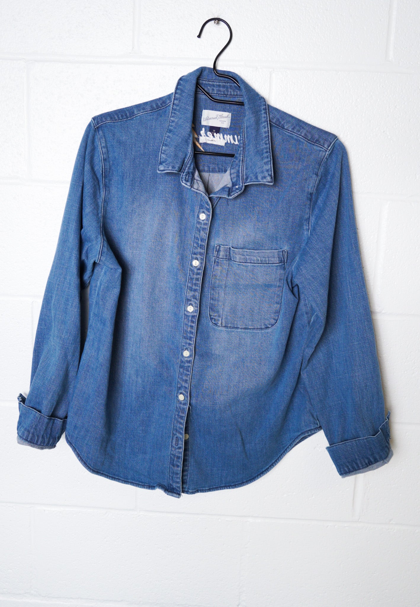 MEDIUM- UNIVERSAL THREADS Denim Button up with "Drummer Girl" design