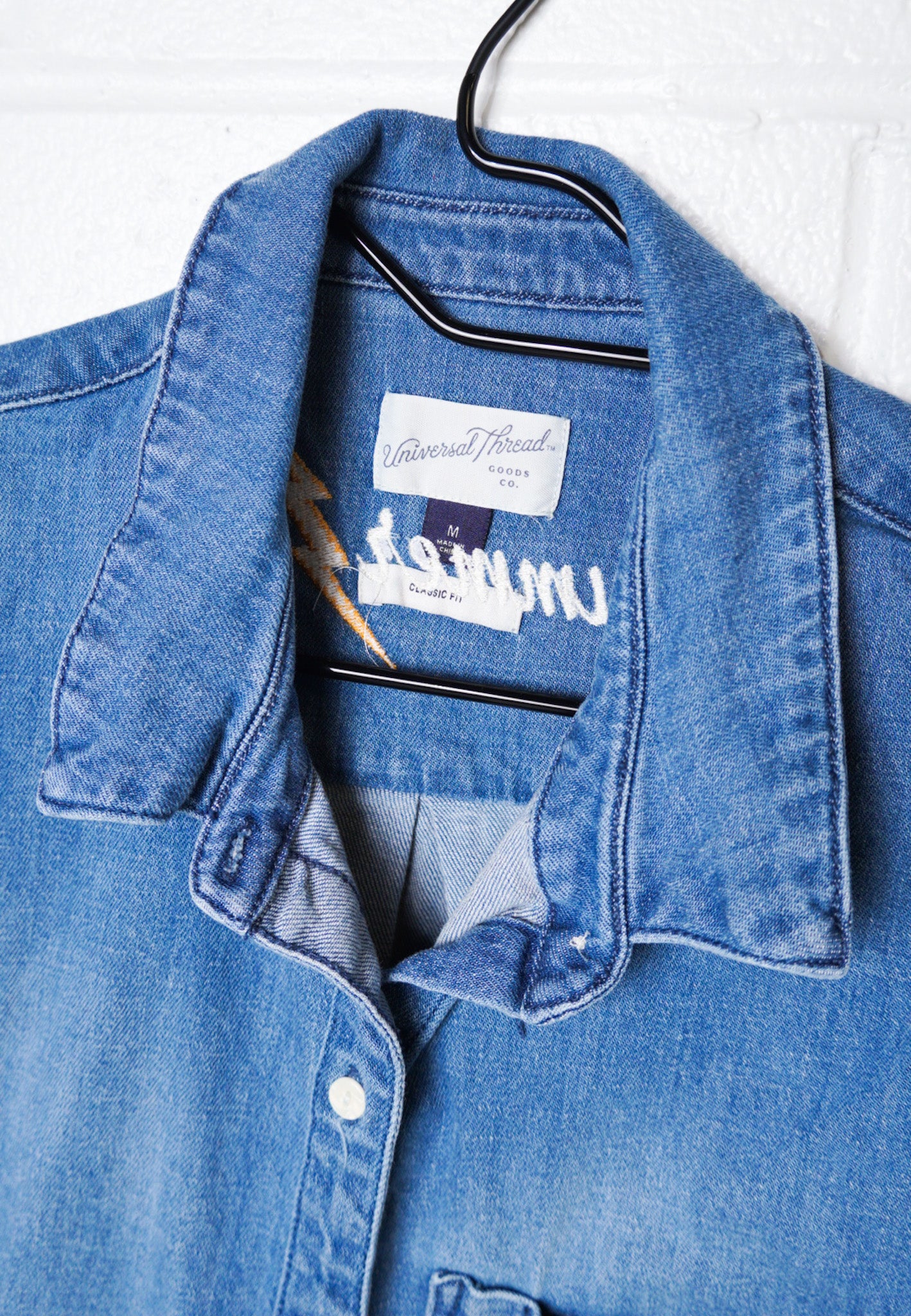 MEDIUM- UNIVERSAL THREADS Denim Button up with "Drummer Girl" design