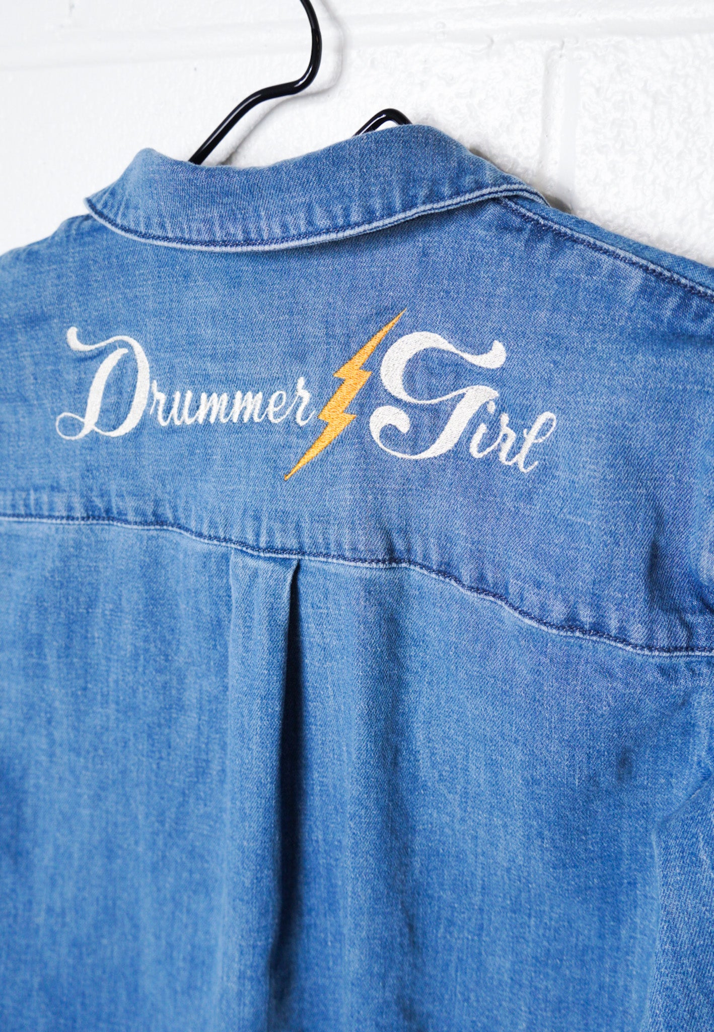 MEDIUM- UNIVERSAL THREADS Denim Button up with "Drummer Girl" design