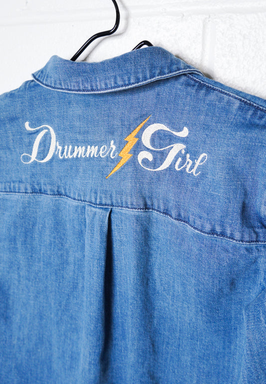 MEDIUM- UNIVERSAL THREADS Denim Button up with "Drummer Girl" design