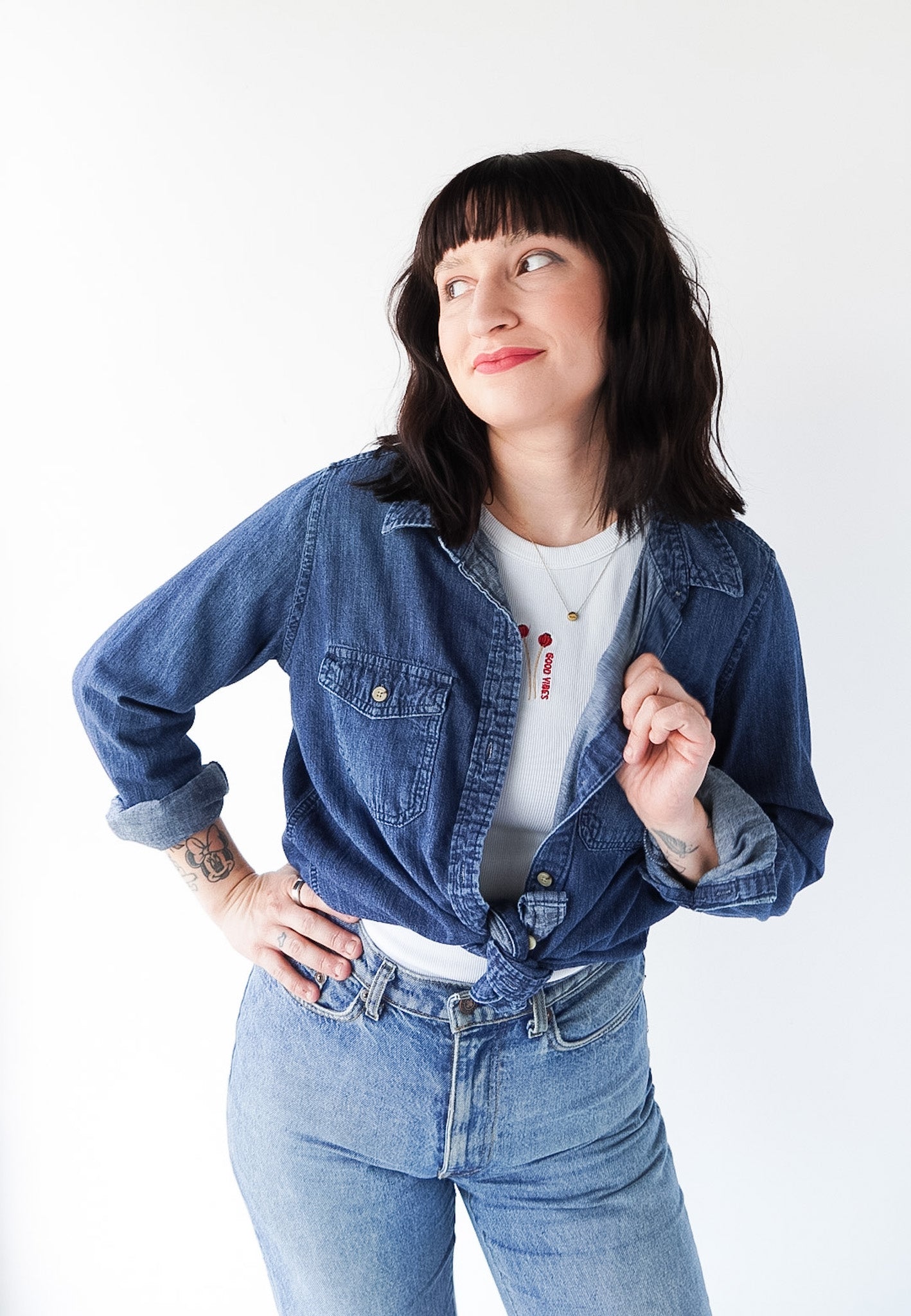 LARGE- UNIVERSAL THREADS Denim Button up with "Drummer Girl" design