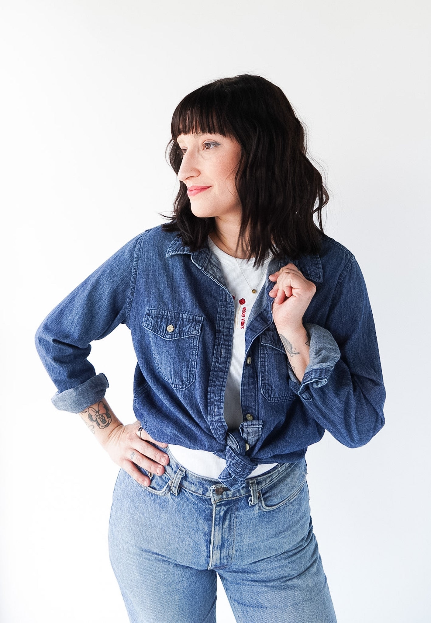 LARGE- UNIVERSAL THREADS Denim Button up with "Drummer Girl" design