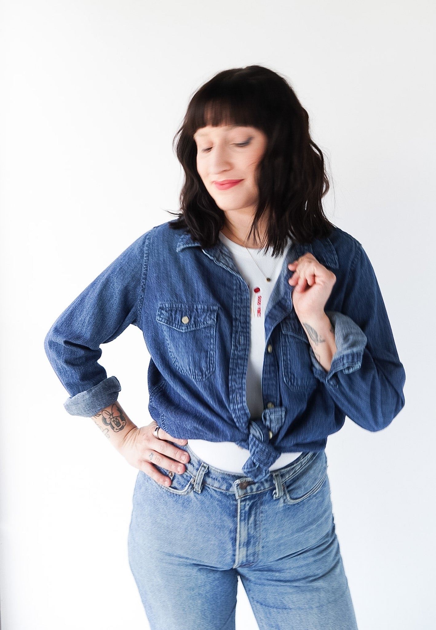 LARGE- UNIVERSAL THREADS Denim Button up with "Drummer Girl" design