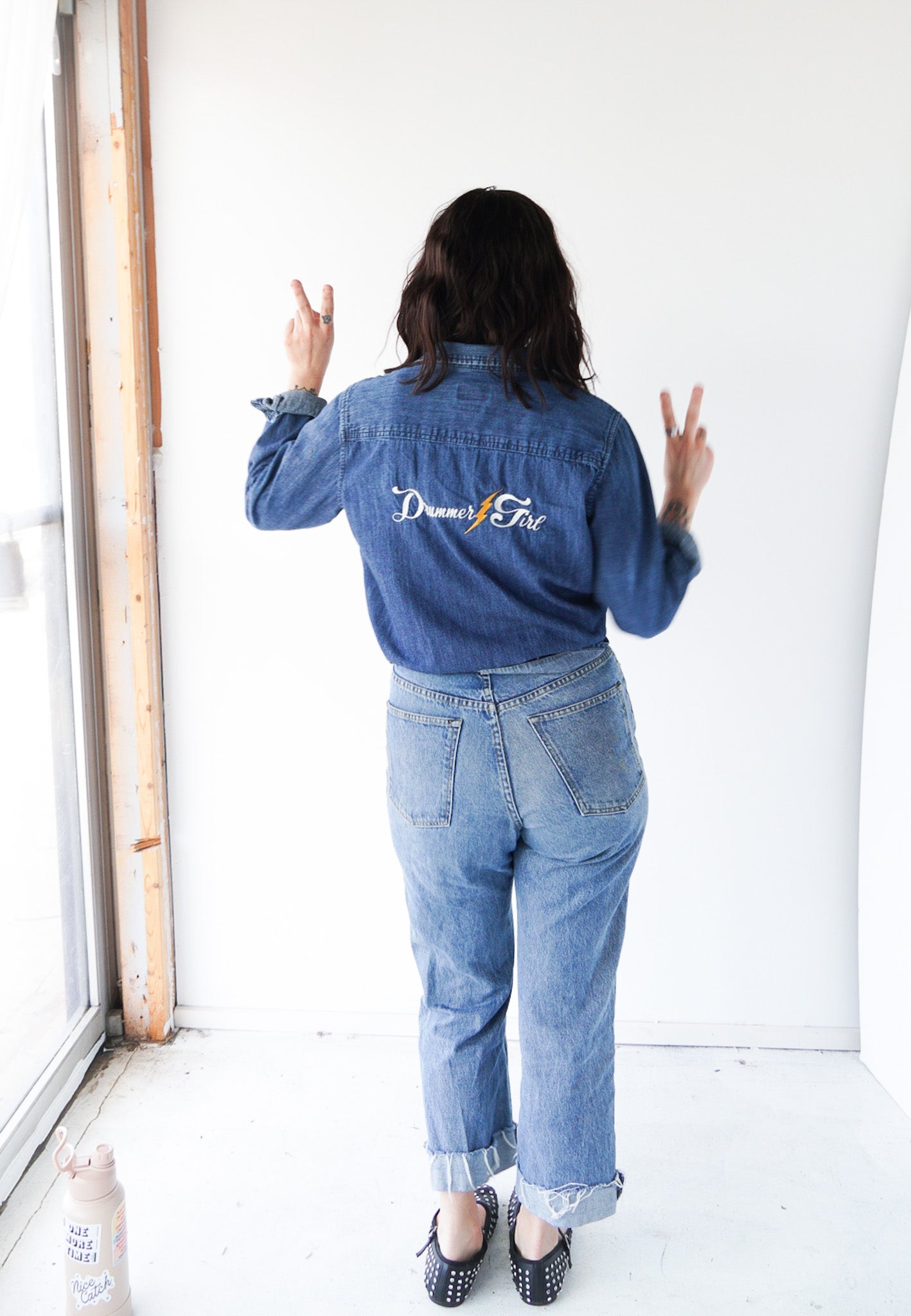 LARGE- UNIVERSAL THREADS Denim Button up with "Drummer Girl" design