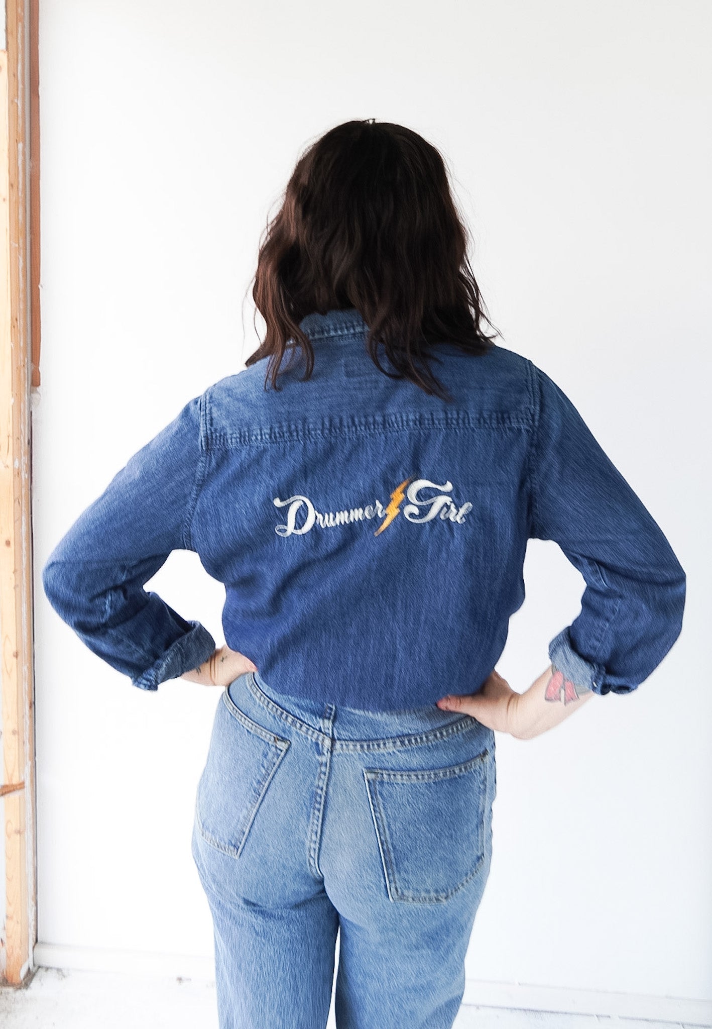 LARGE- UNIVERSAL THREADS Denim Button up with "Drummer Girl" design