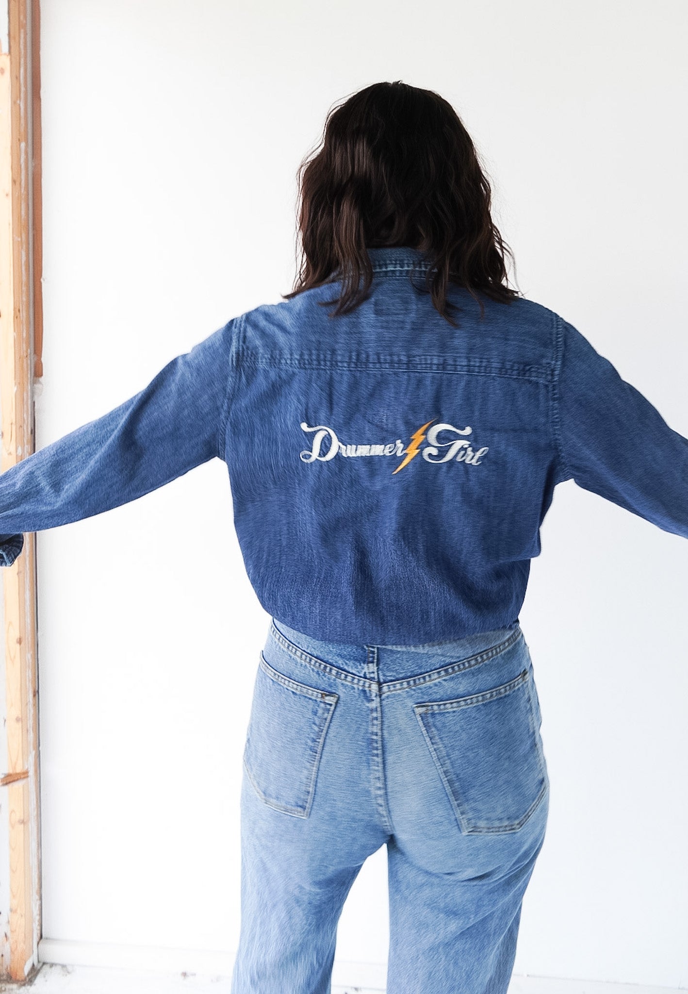 LARGE- UNIVERSAL THREADS Denim Button up with "Drummer Girl" design