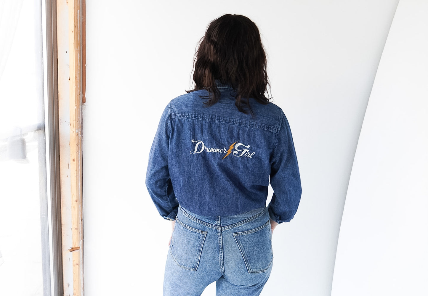 LARGE- UNIVERSAL THREADS Denim Button up with "Drummer Girl" design