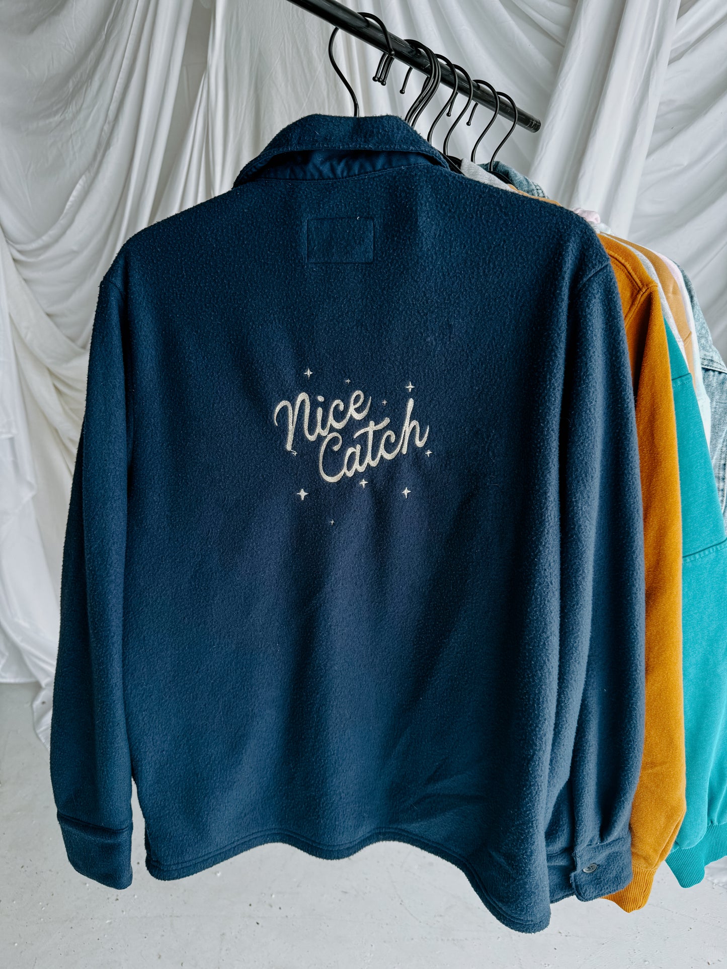 SMALL (mens) Fleece Navy Blue Shacket with "Nice Catch" design