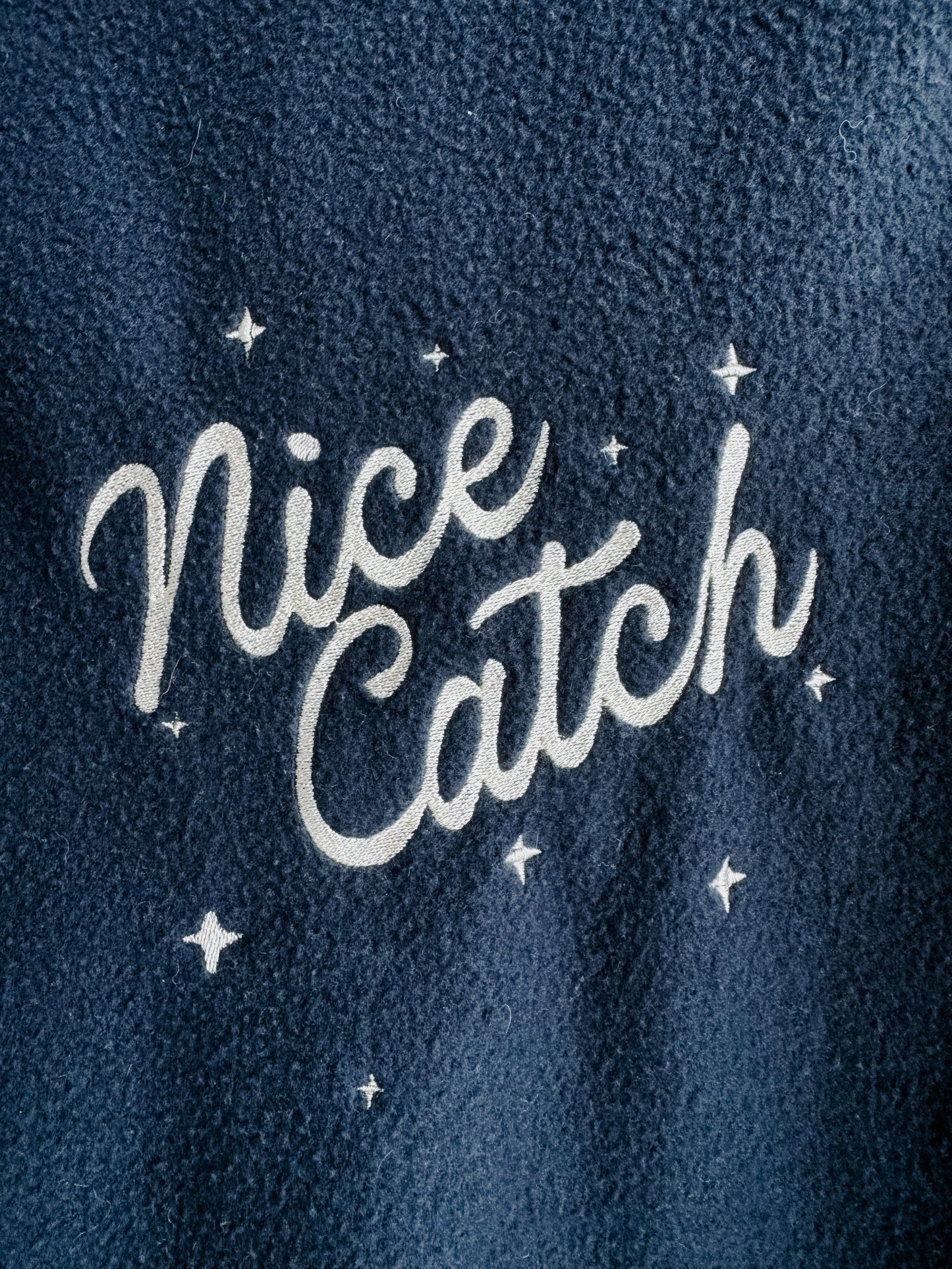 SMALL (mens) Fleece Navy Blue Shacket with "Nice Catch" design
