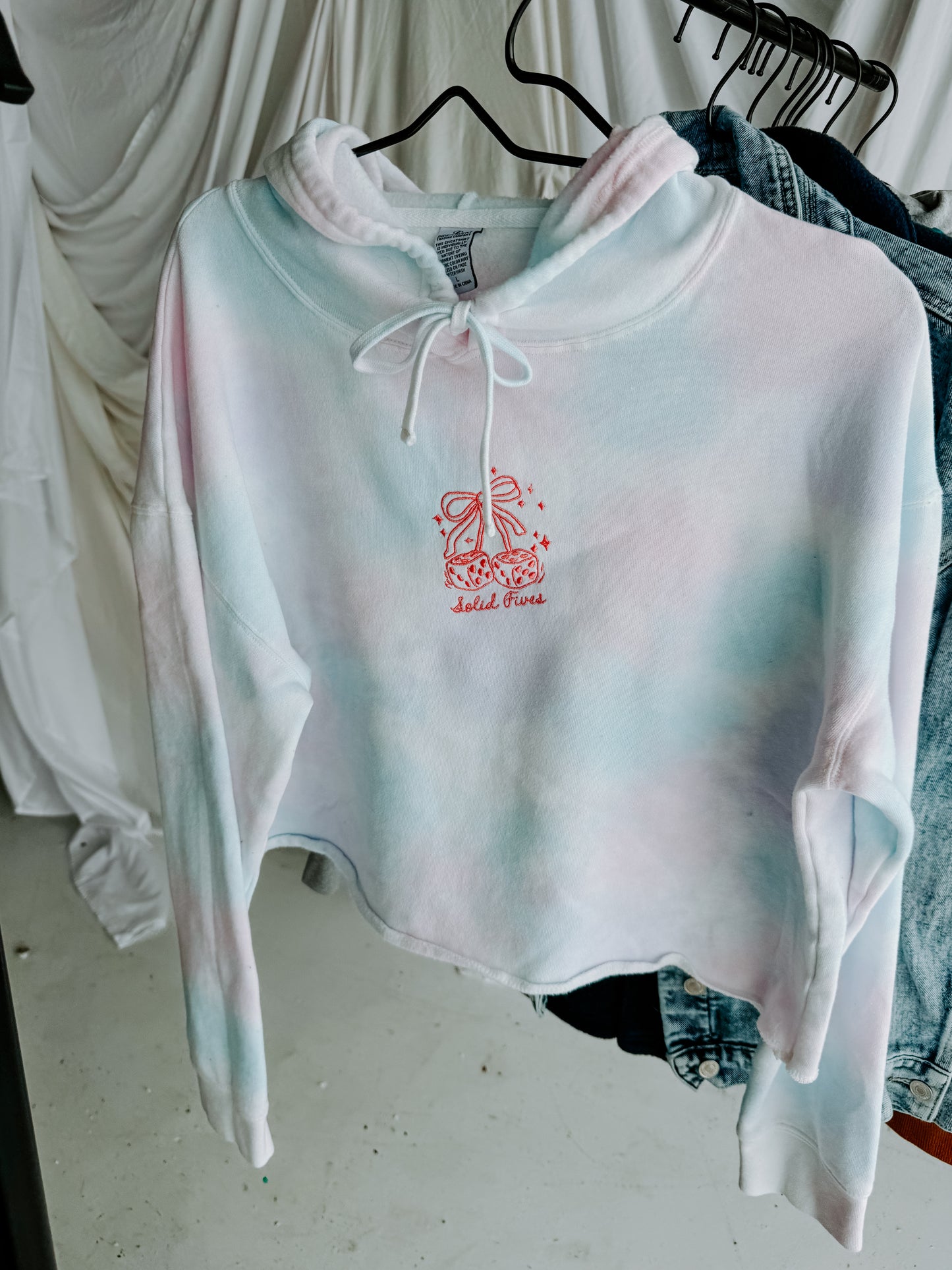 LARGE Tie Dye Cropped Hoodie with "Solid Fives" Design