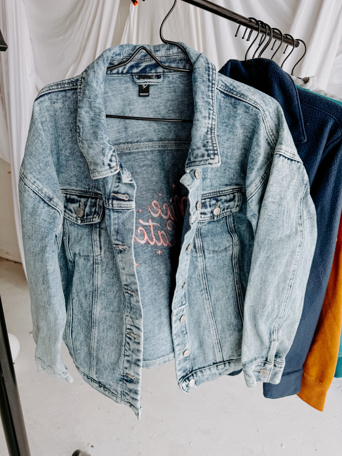 MEDIUM OVERSIZED Stone Washed Jean Jacket with "Nice Catch" design