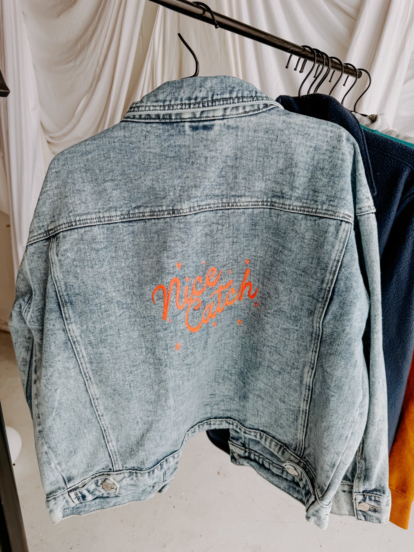 MEDIUM OVERSIZED Stone Washed Jean Jacket with "Nice Catch" design