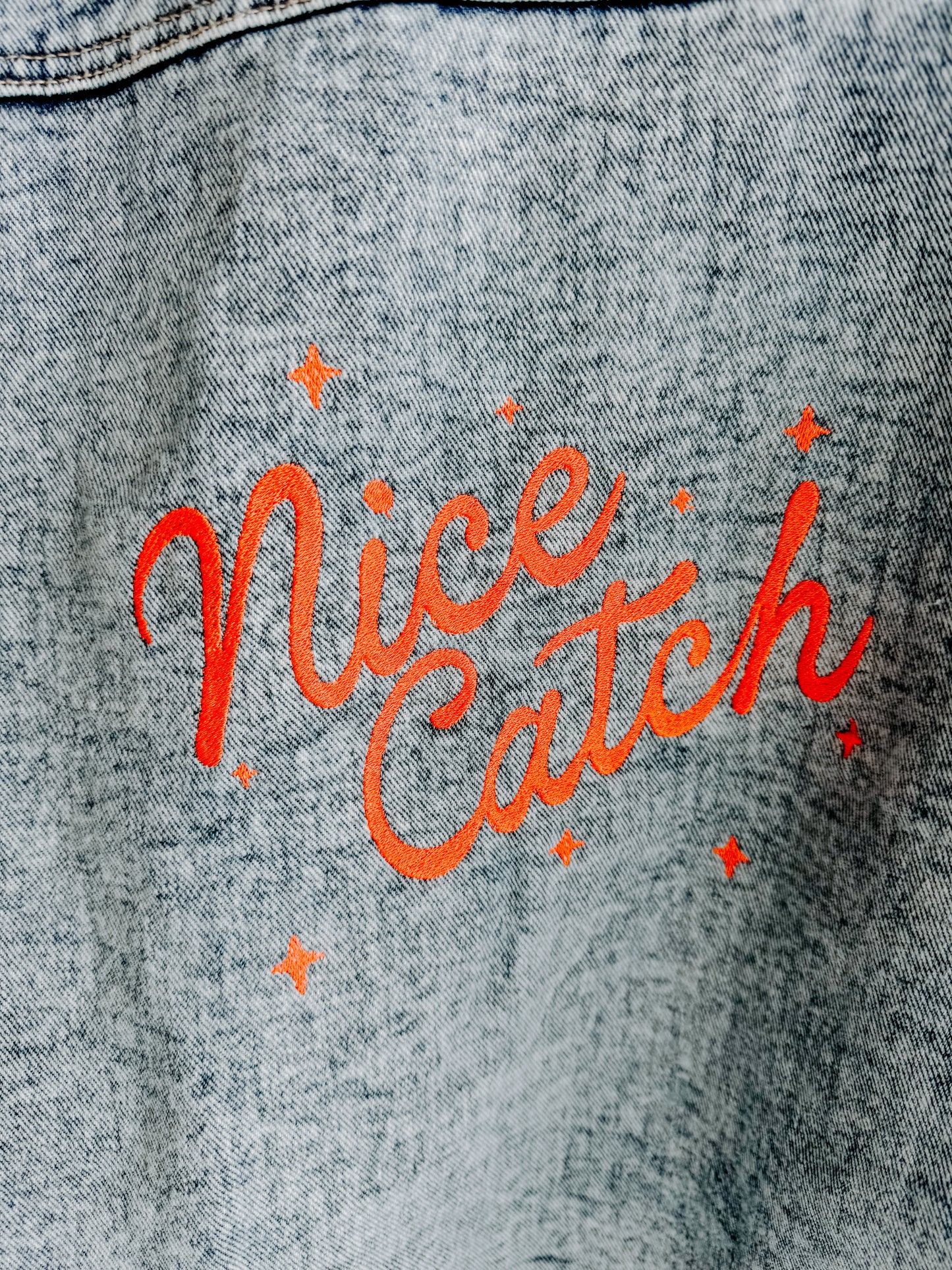 MEDIUM OVERSIZED Stone Washed Jean Jacket with "Nice Catch" design