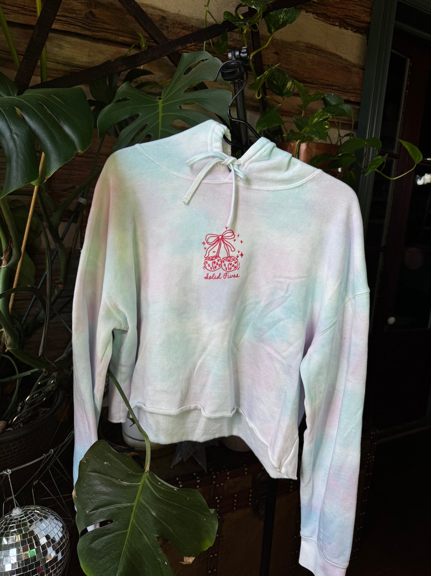 LARGE Tie Dye Cropped Hoodie with "Solid Fives" Design