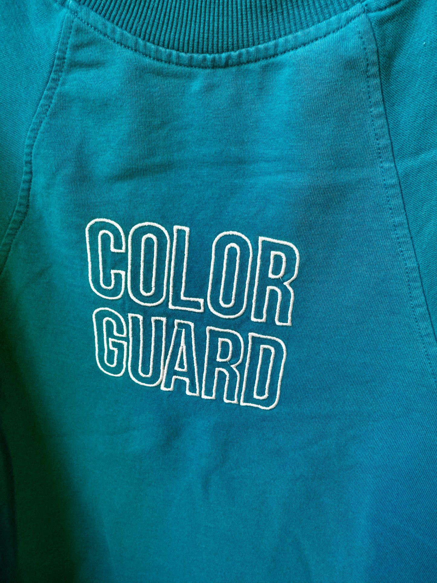 MEDIUM Teal Blue Cropped Crewneck with block "COLOR GUARD" design