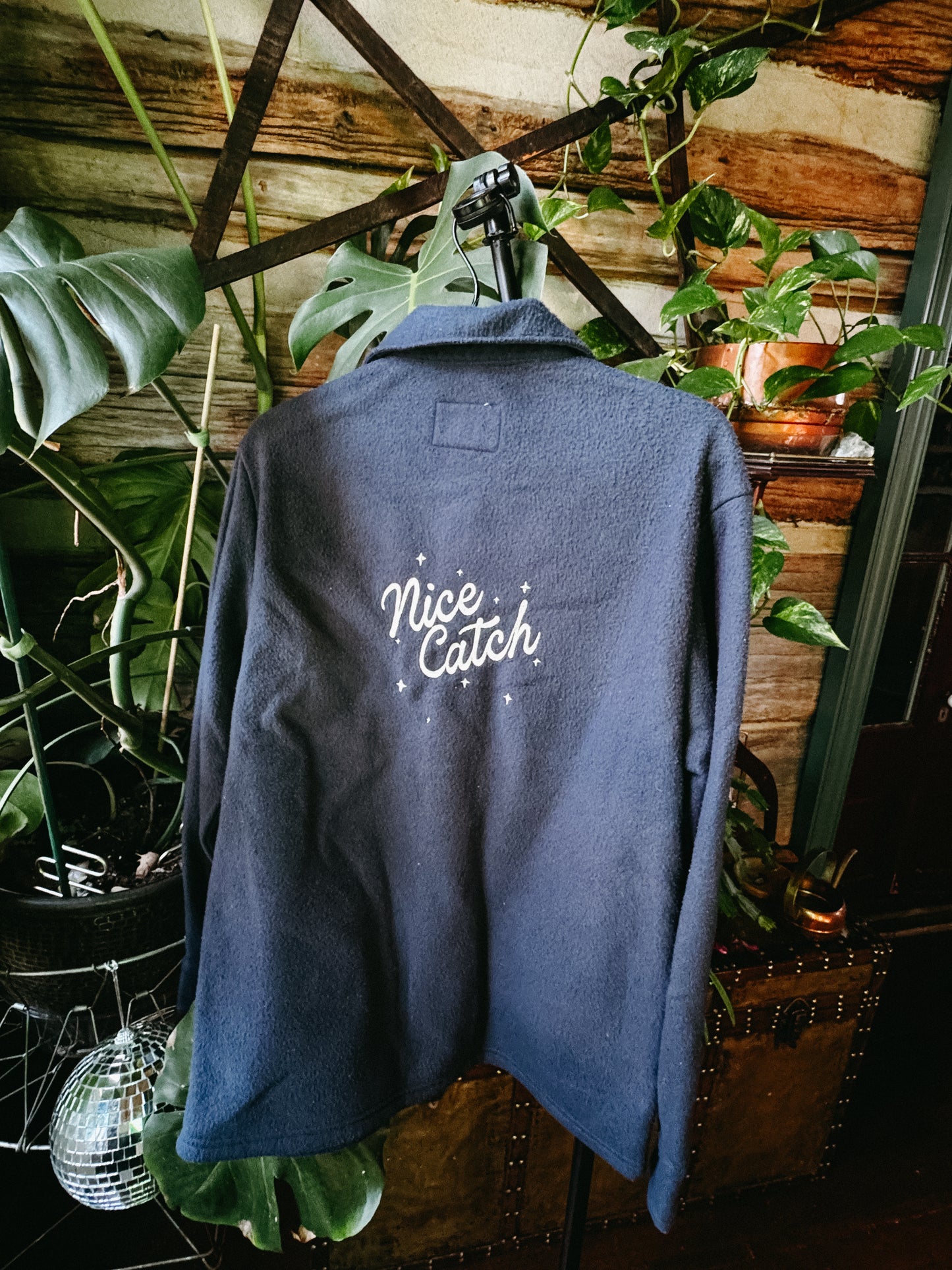 SMALL (mens) Fleece Navy Blue Shacket with "Nice Catch" design