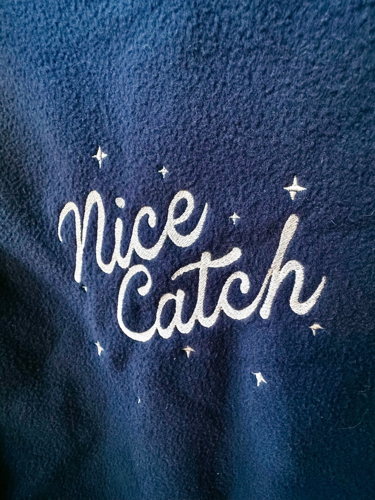 SMALL (mens) Fleece Navy Blue Shacket with "Nice Catch" design