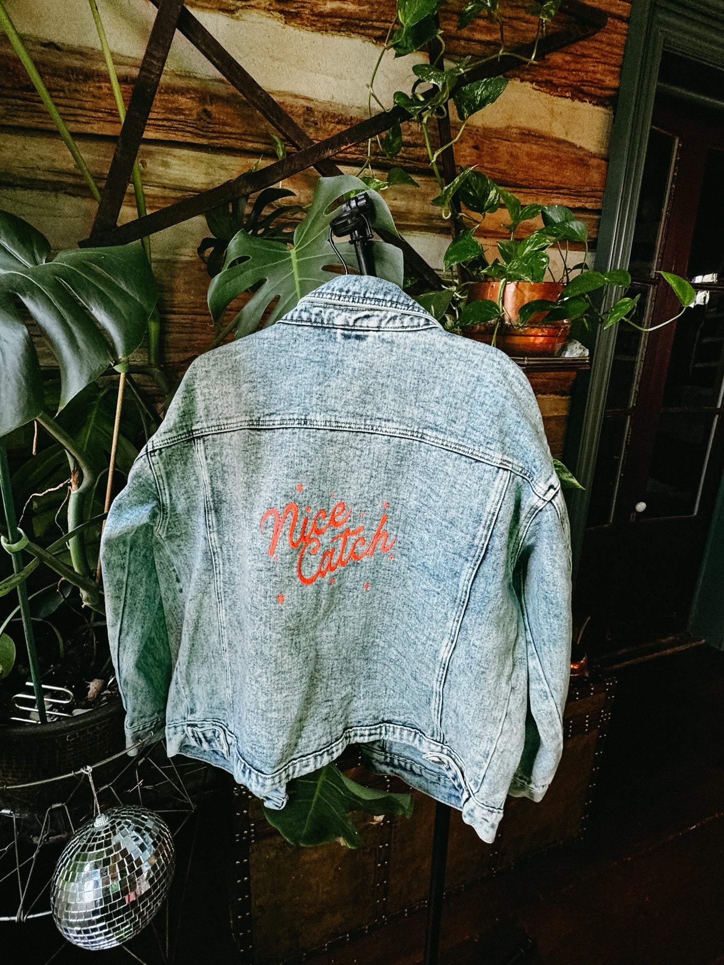 MEDIUM OVERSIZED Stone Washed Jean Jacket with "Nice Catch" design