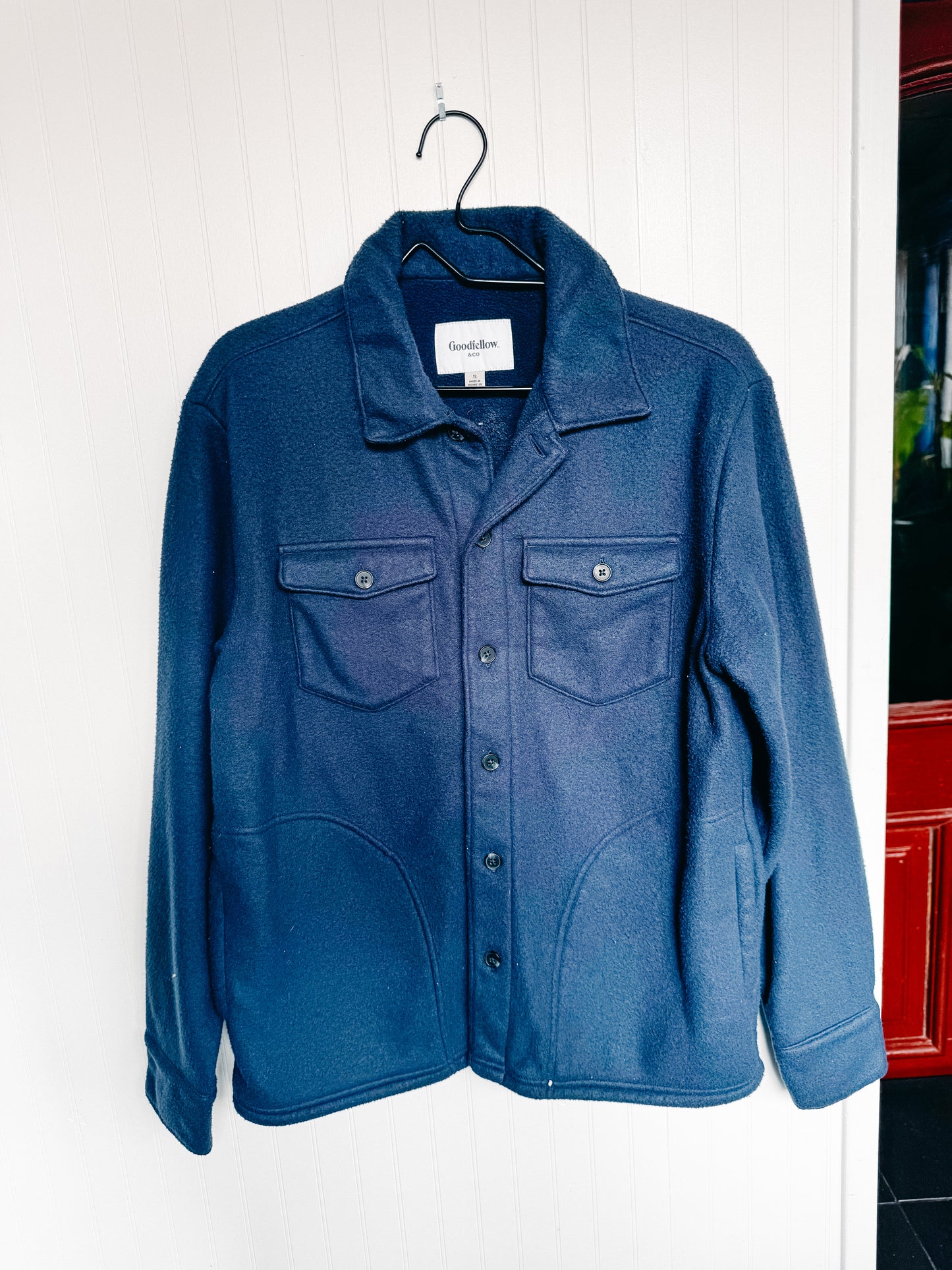 SMALL (mens) Fleece Navy Blue Shacket with "Nice Catch" design