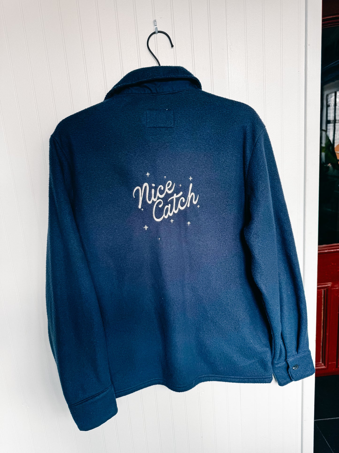 SMALL (mens) Fleece Navy Blue Shacket with "Nice Catch" design