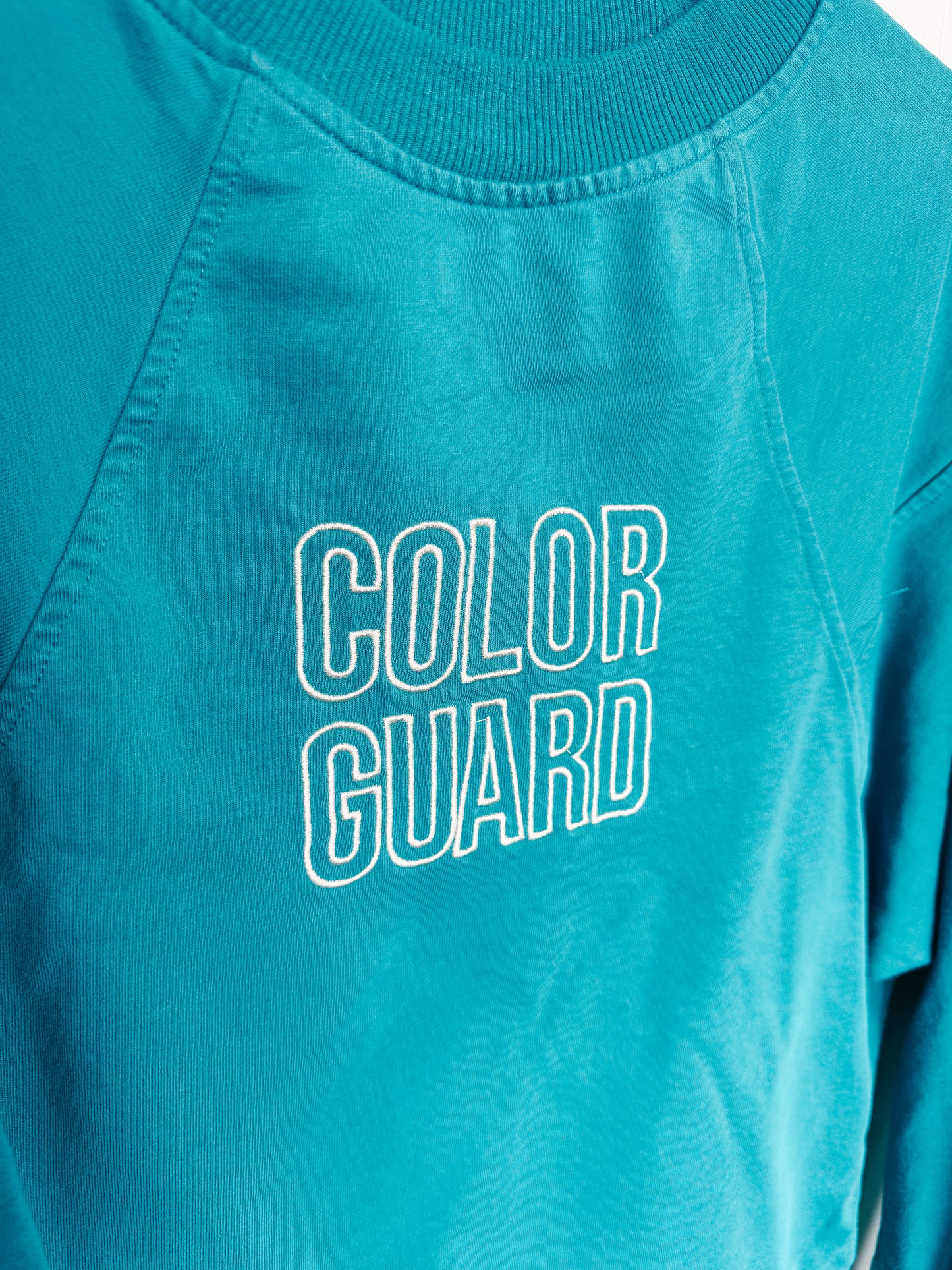 MEDIUM Teal Blue Cropped Crewneck with block "COLOR GUARD" design