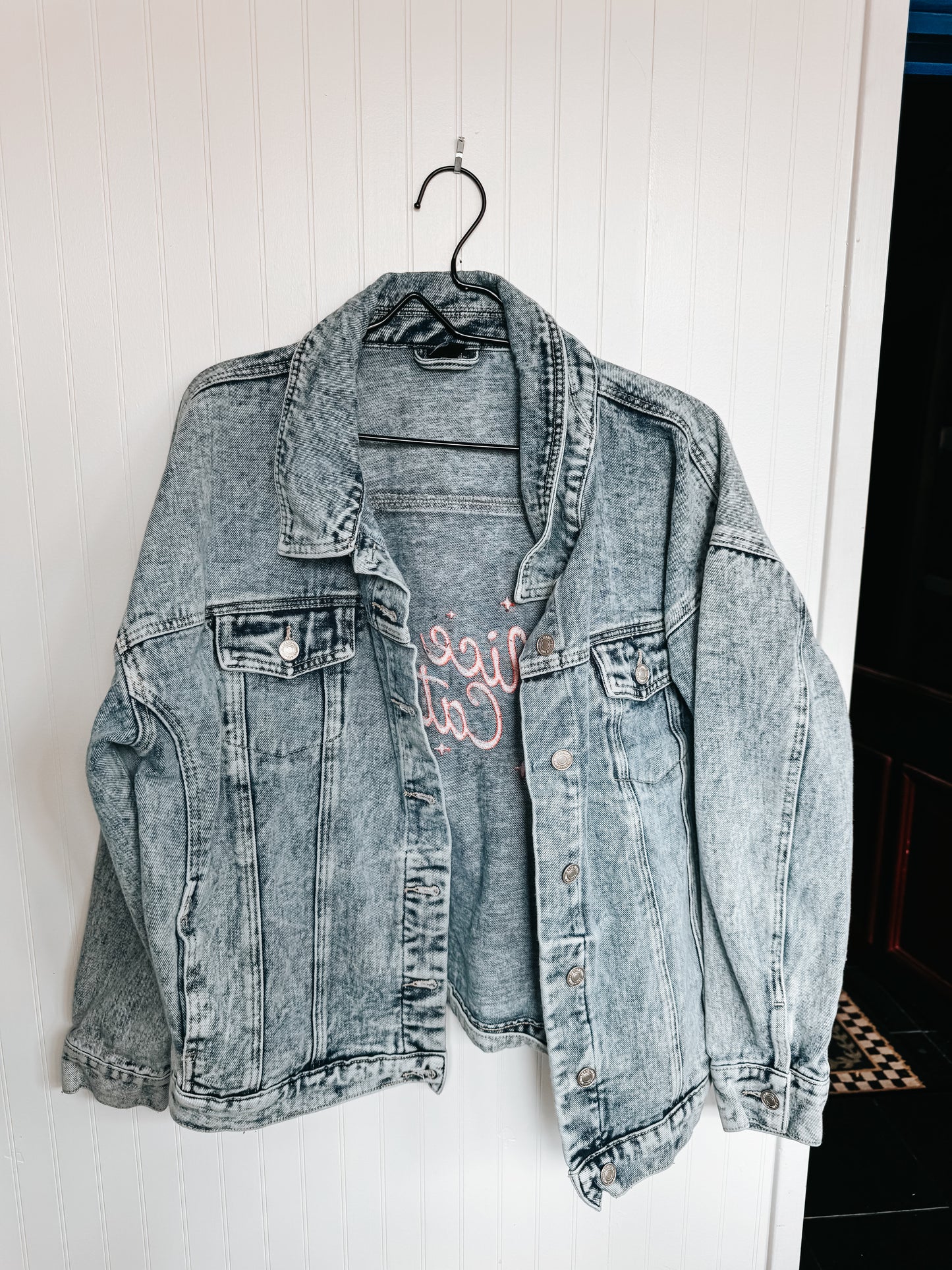 MEDIUM OVERSIZED Stone Washed Jean Jacket with "Nice Catch" design
